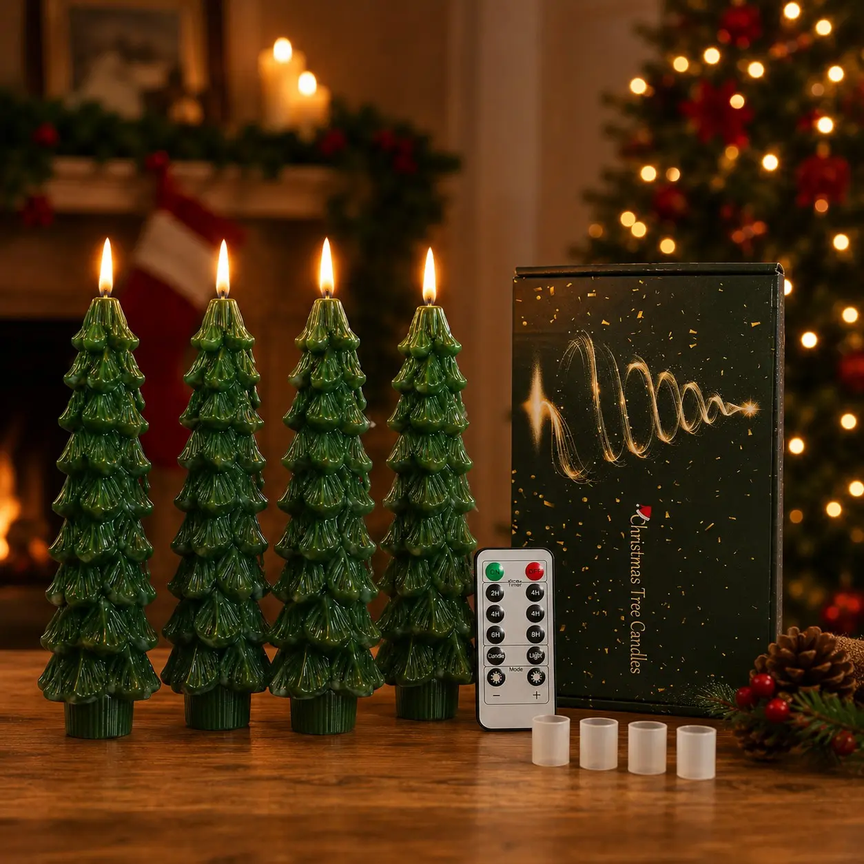LED Christmas Tree Candles 4 Pack, Flameless Taper Candles with 10-Key Remote, Warm Flickering Lights, Timer & 3 Brightness Levels, Christmas Decorations