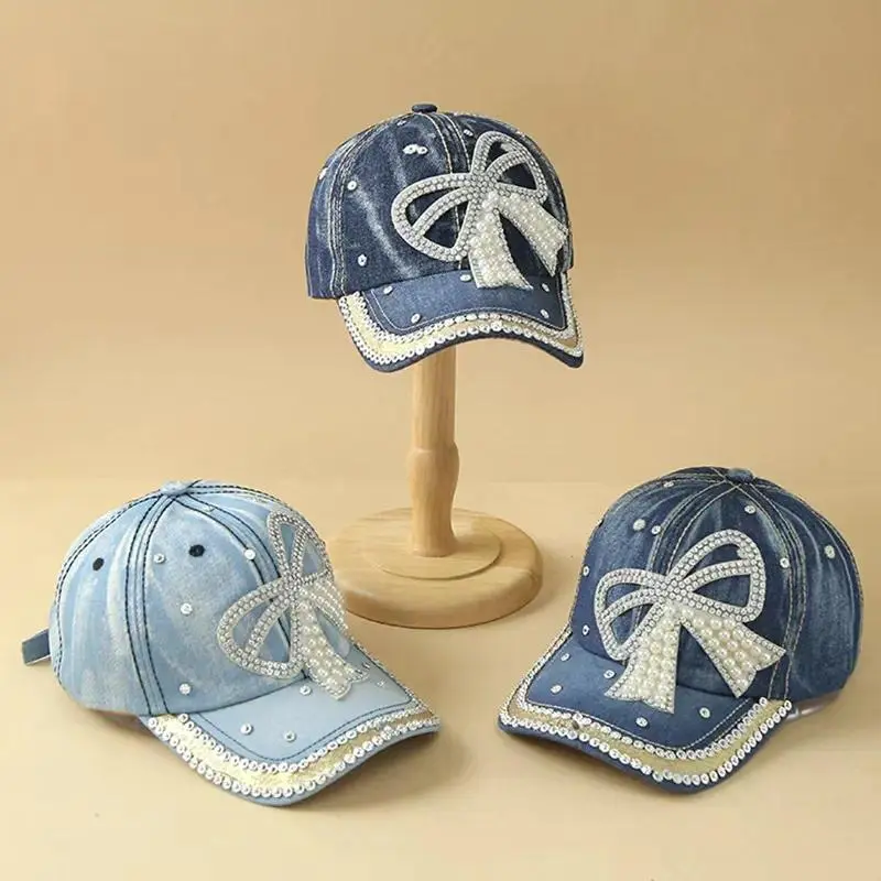 Women's Distressed Baseball Cap with Glam Rhinestones and Bow, Vintage Adjustable Snapback Sun Hat