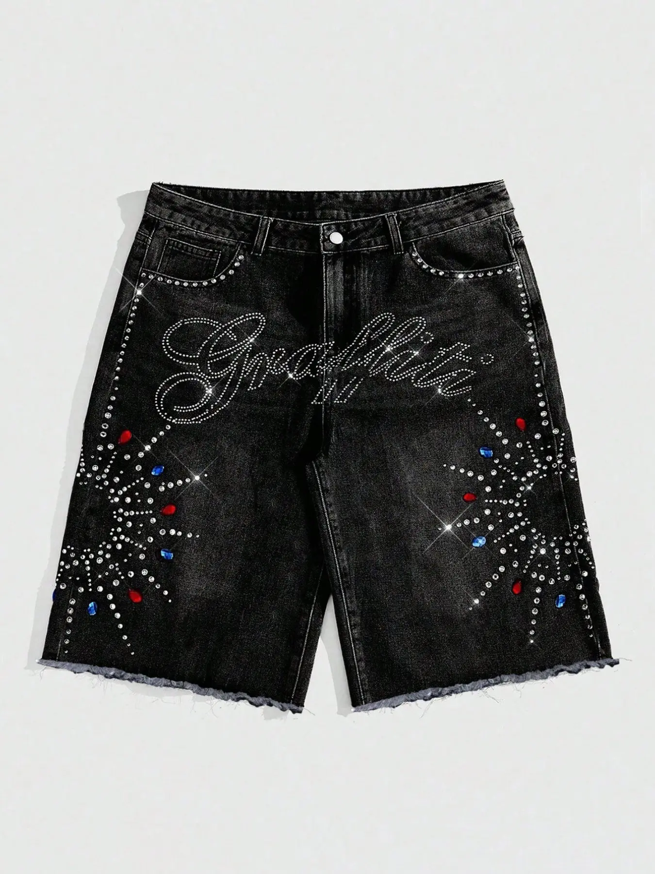 Men's Fashion Rhinestone Denim Shorts, Loose-Fit Oversize American Streetwear Cargo Jeans, Summer New Arrival, Trendy Five-Quarter Pants, Summer Lovin Shorts, Oversized