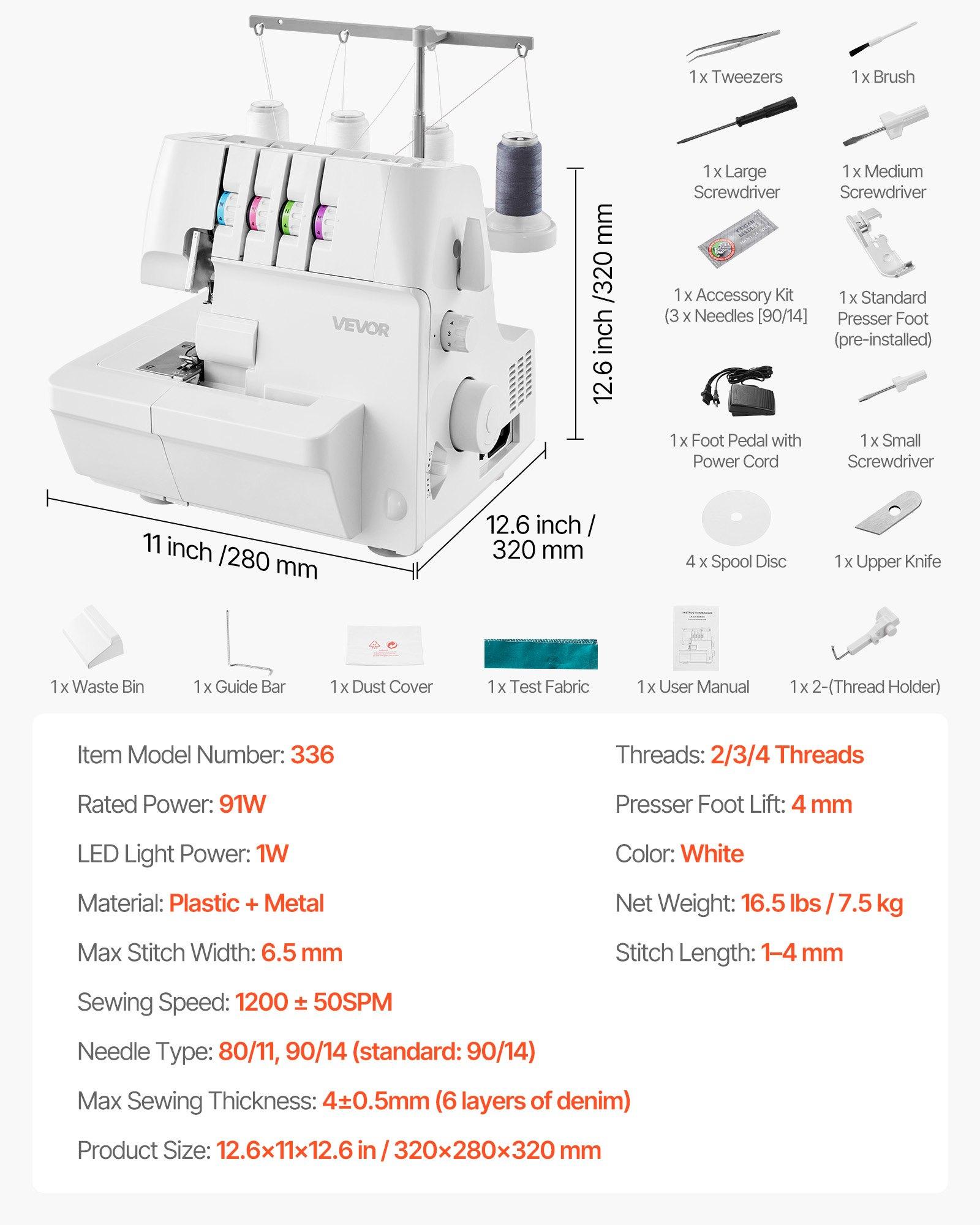 VEVOR Serger Overlock Sewing Machine, 1250 Stitches Per Minute, 2-3-4 Thread Capability, 0.7-2 Adjustable Differential Feed, with Free Arm and LED Light, Sewing Machine for Various Fabrics, White