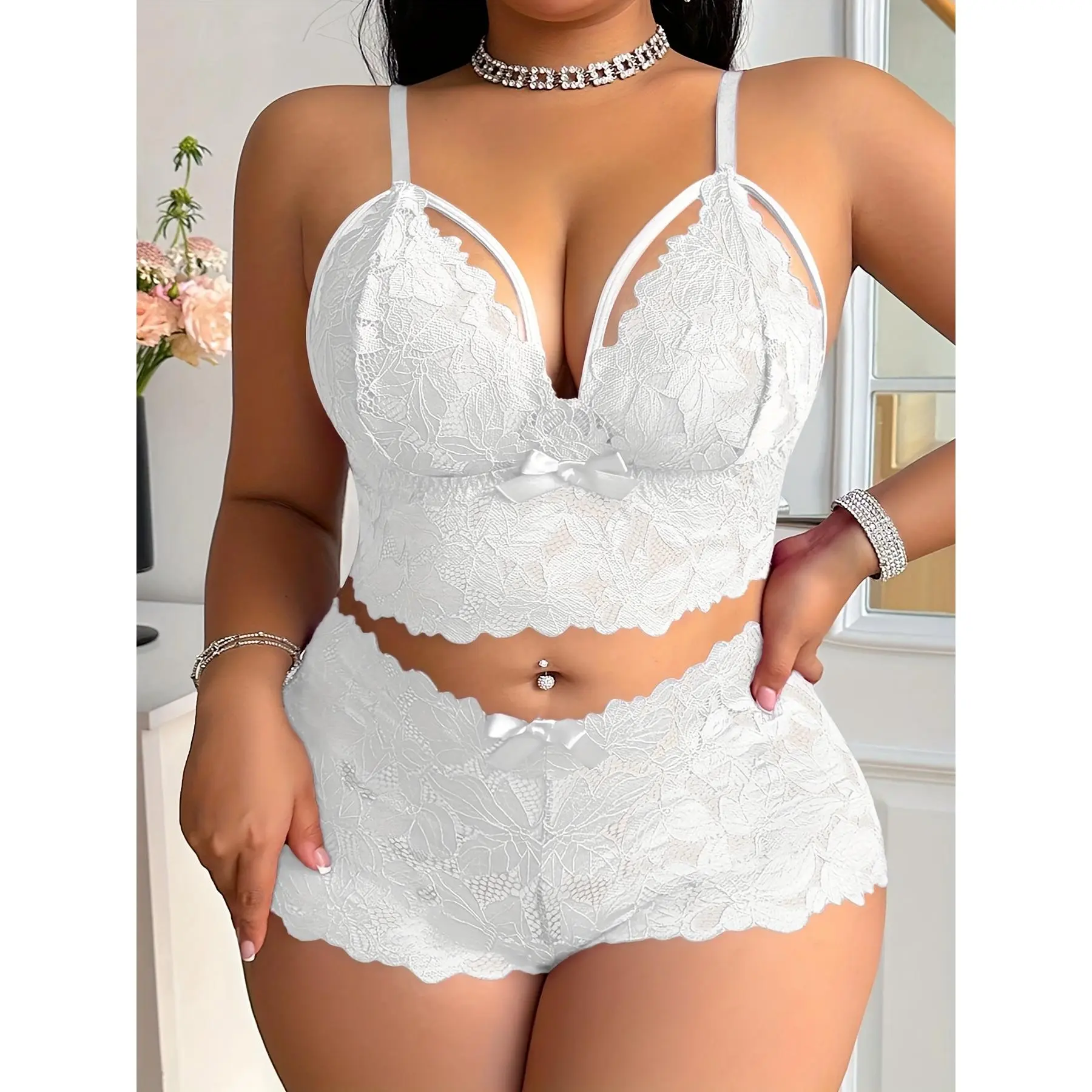 Women's Plus Size 2-Piece Elegant Lingerie Set - Sheer Floral Lace Bra, Cross-Strap Panty with Bow Decor