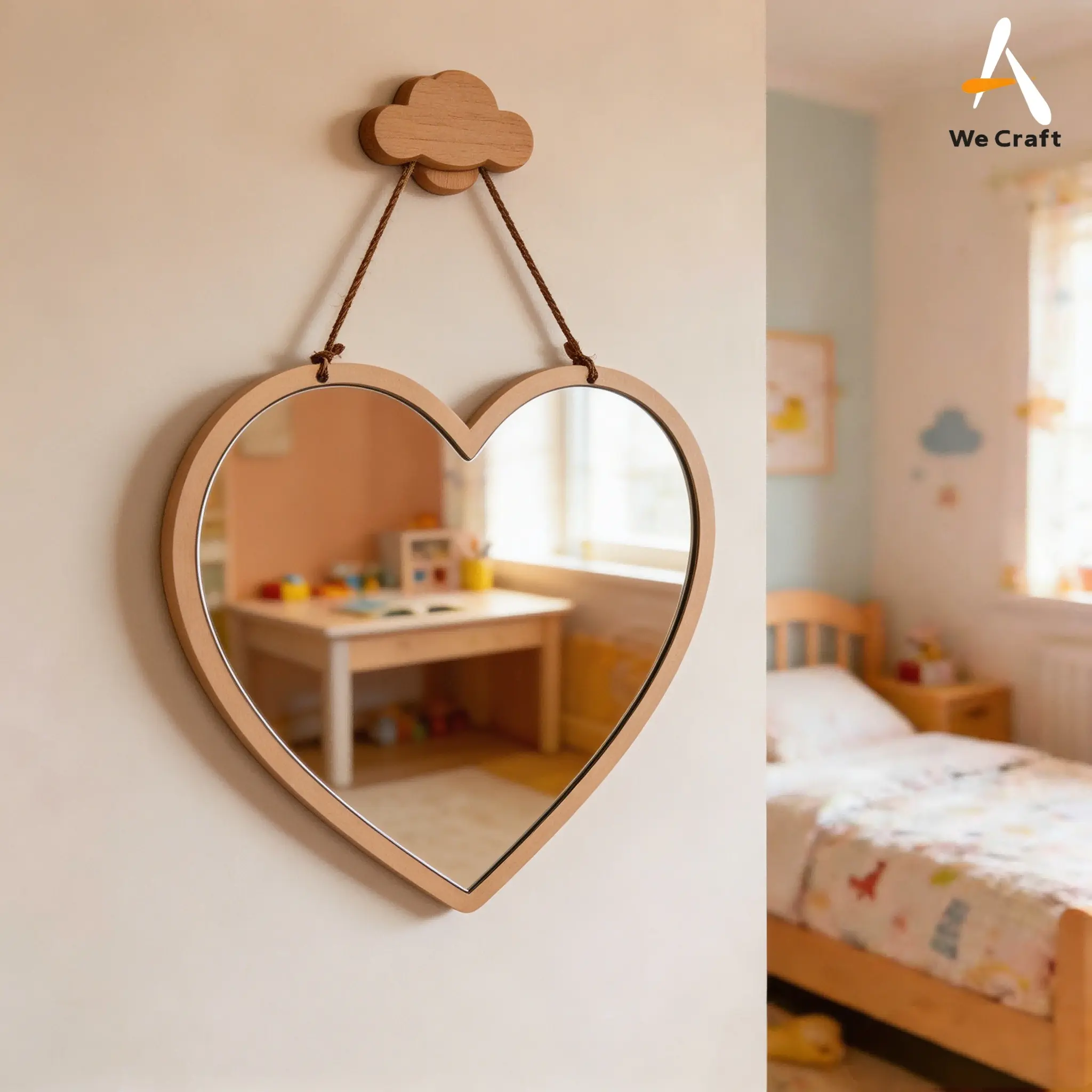 1Pc Heart Shaped Multi-layer Wood Hanging Wall Mirror, Rope Suspended Decor Vanity Mirror, Creative Wall Decor Mirror for Bedroom Entryway