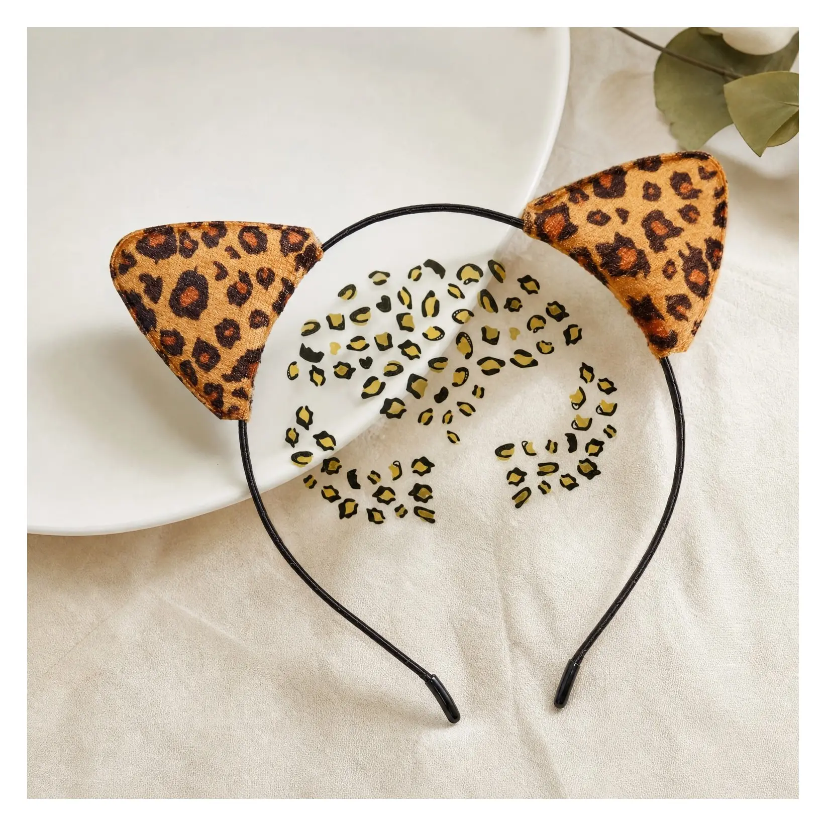 Cheetah Ears Headband & Metallic Face Tattoos – Adult Leopard Cosplay Halloween Costume Accessory SetGift