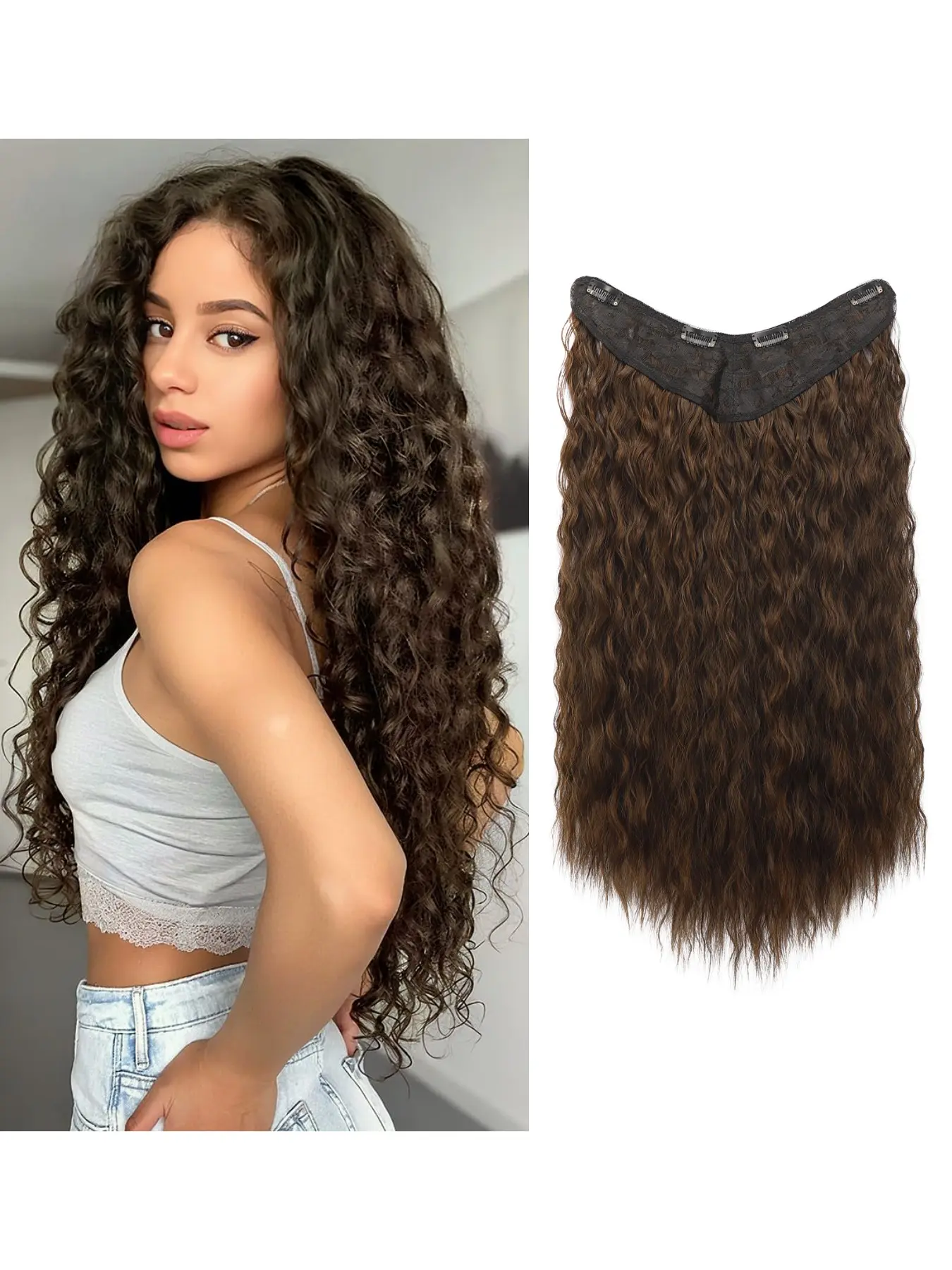 V-clip style 24 inch curly hair extensions, synthetic fiber, integrated natural and dense hair extensions, full roll invisible blend easy to wear, reusable for women's daily parties and wedding styles