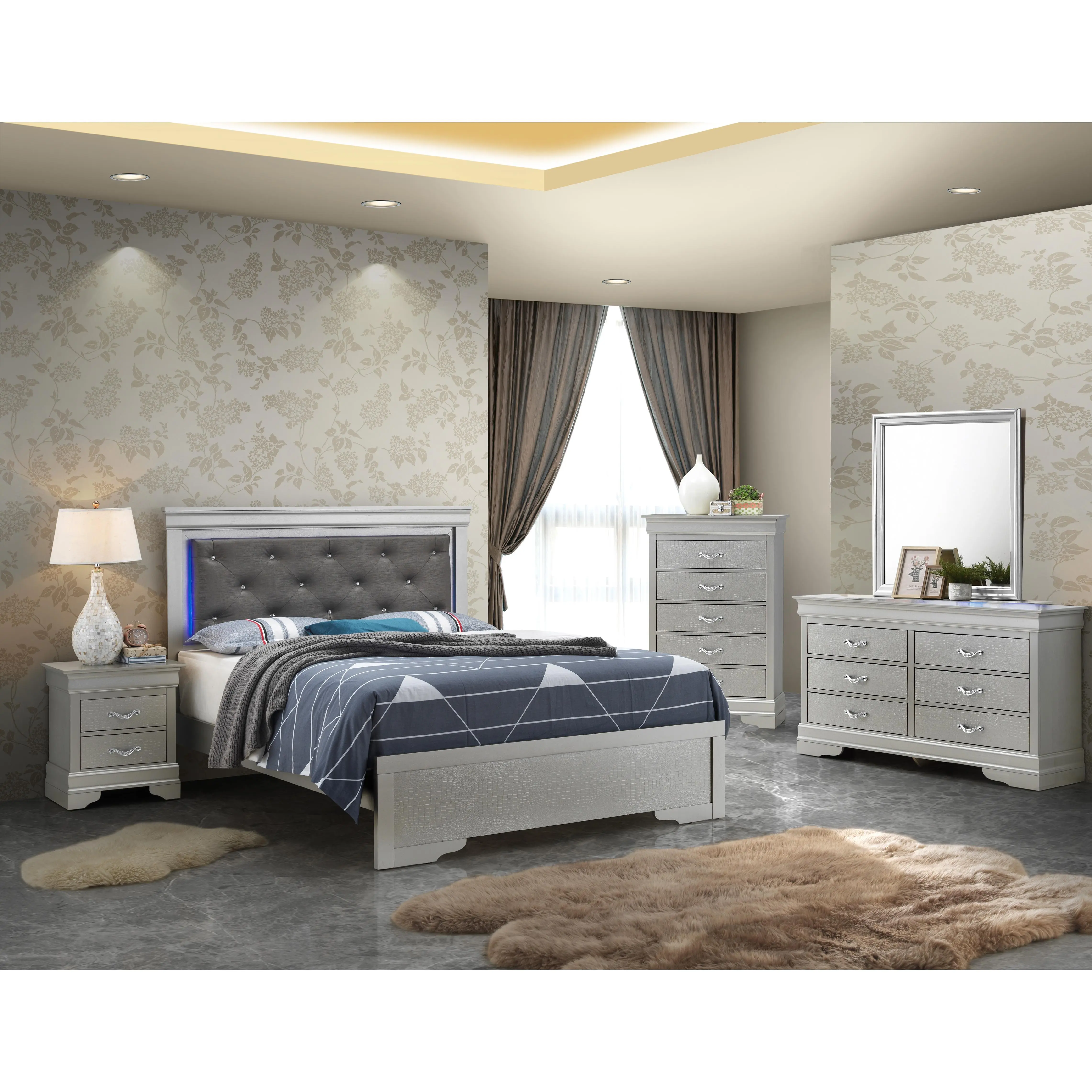 Nokaa Queen Bed Frame with Silver Champagne Finish, LED Headboard, Wood Veneer & Tufted Upholstery, Box Spring Required, Modern Indoor Bedroom Furniture