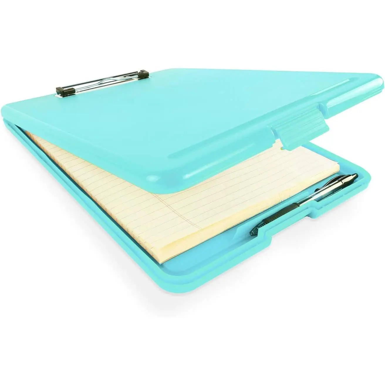 Clipboard with Storage Slim Folding for , Teachers, Coaches & Office, Plastic Heavy Duty with Pen Holder (9.5” x 13.5”) (Turquoise)