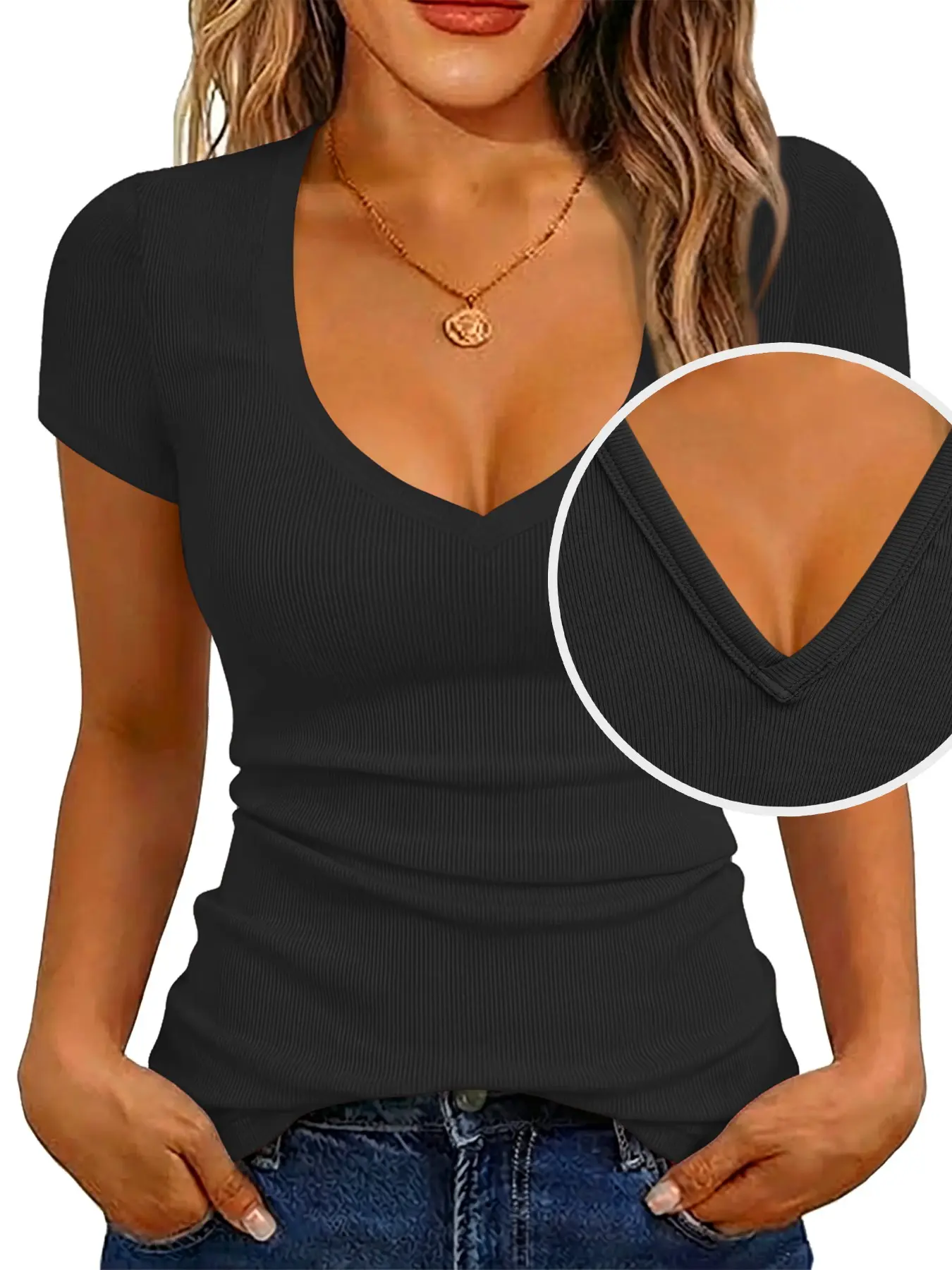 Women's Ribbed Soft Deep V Neck Short Sleeve Top, Slim Fit Solid Color Basic Layering Tee, 15+ Colors Available Y2K Casual Summer Tops, Casual Wear Clothing
