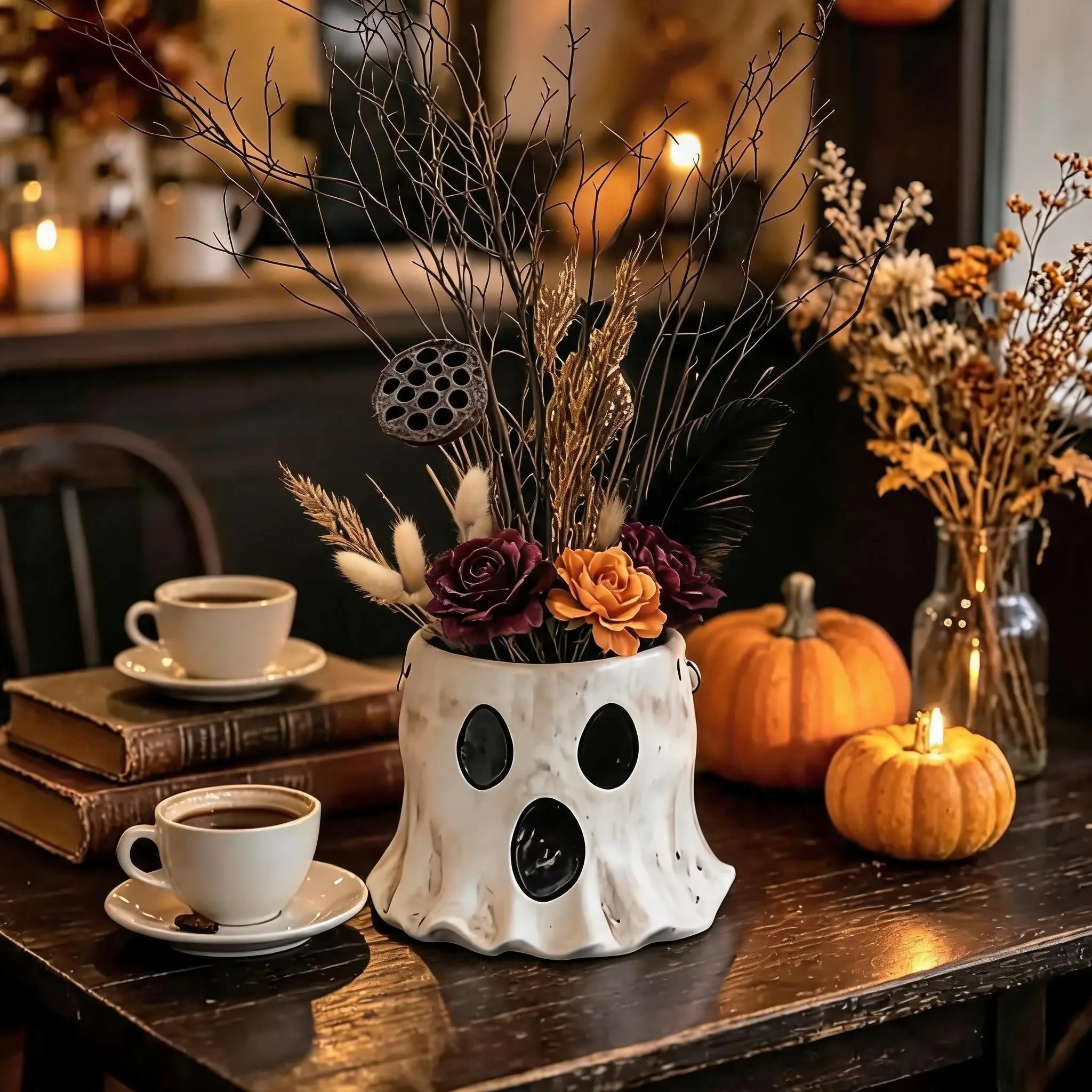 1 Pcs Ghost Bucket Decor  Halloween Ghost Planter Vase Decor with Cute Design Candy Bucket Candy Bowl for Halloween Indoor Outdoor Home Display Stand Decoration