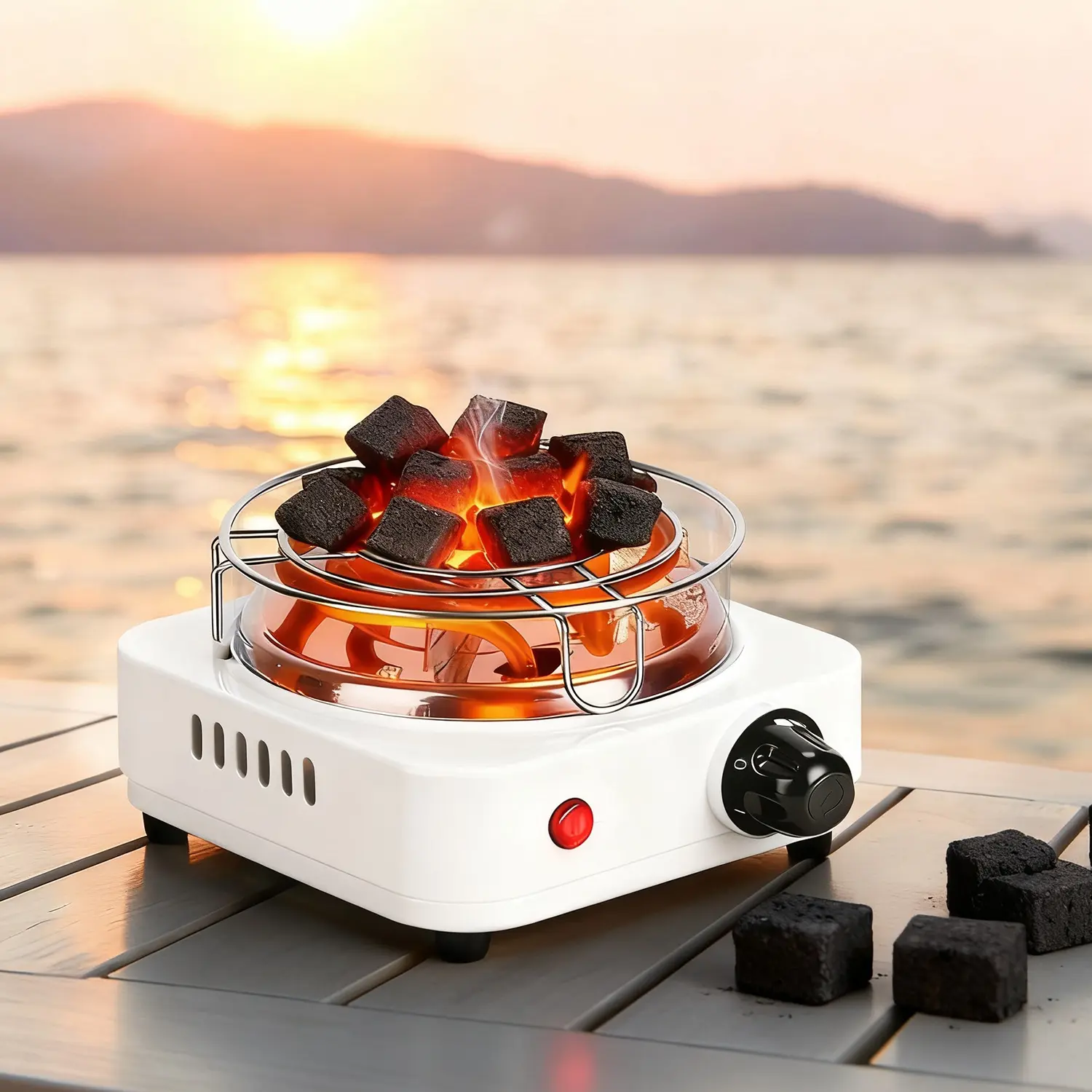 1Pc 500W Electric Charcoal Burner Portable Outdoor Smokers Cooktop, Compact Coal Burner with Grill & Tongs, 5-Temperature Gear Thermostat Control for Cubes & Shisha (Kitchenware/Barbecue Use)
