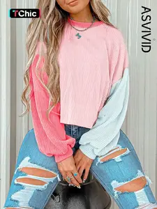 Women's Colorblock Twisted Ribbed Knit Dropped Shoulder Cropped Sweatshirt, Casual Round Neck for Fall Winter, Ladies Daily Wear, Casual Pullover Tops