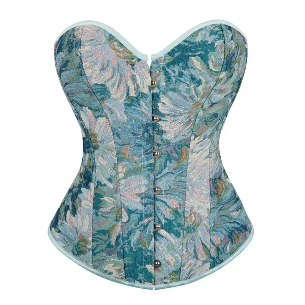 Women's Light Teal Floral Print Strapless Corset Top - Sweetheart Neckline, Buckle, Adjustable Lace-Up Back, Built-In Shaping Support, Elegant Fabric for Party, Dates, Beach