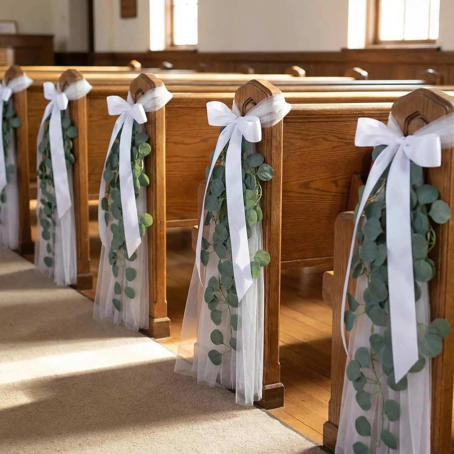 24 Sets Wedding Aisle Chair Decorations White Long Tulle Tails Chair Sashes with Ribbon Bows and Artificial Eucalyptus Vine for Wedding Church Ceremony Pew Aisle Bulk