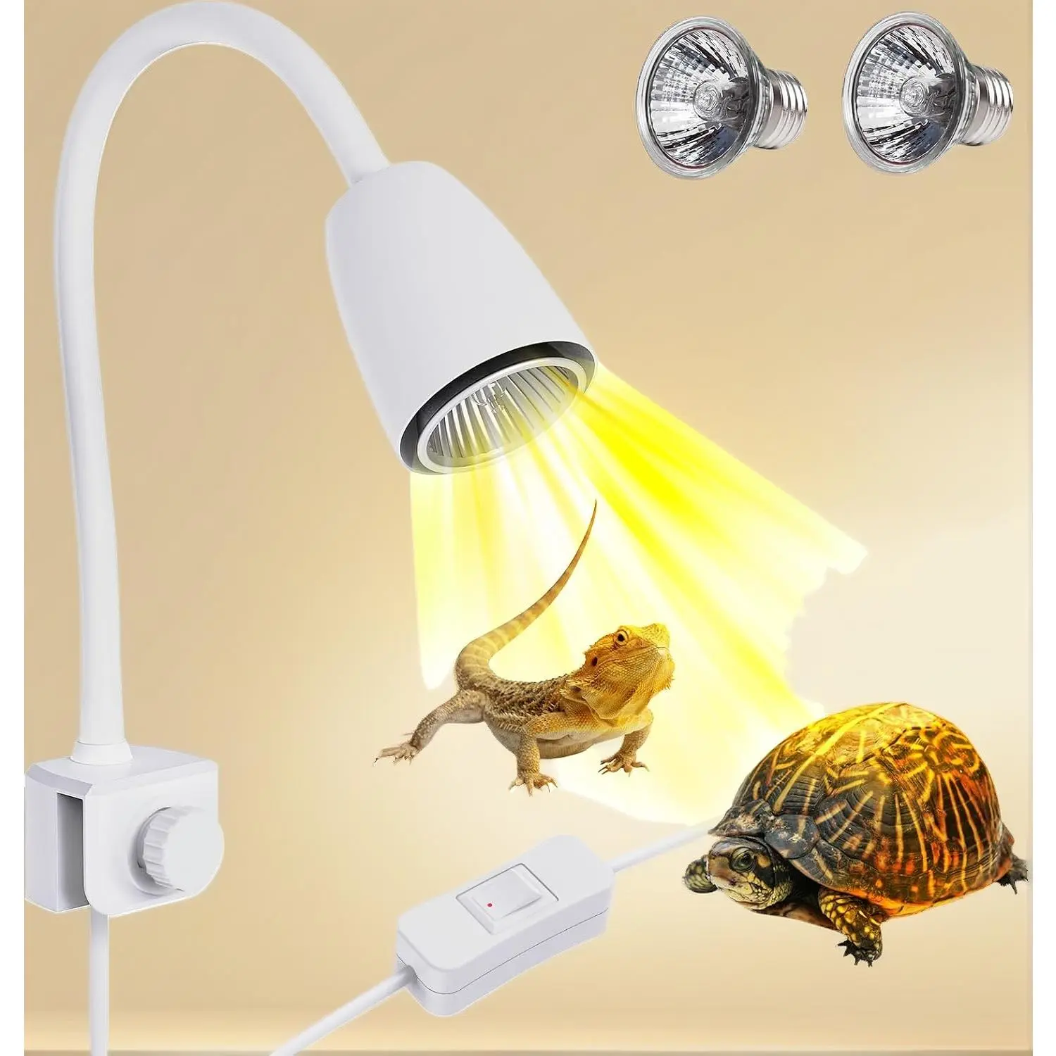 360 °   Rotatable Reptile Heat Lamp with 2 Basking Bulbs 25W+50W, Reptile Heating Light for Turtle Snake Lizard Bearded Dragon
