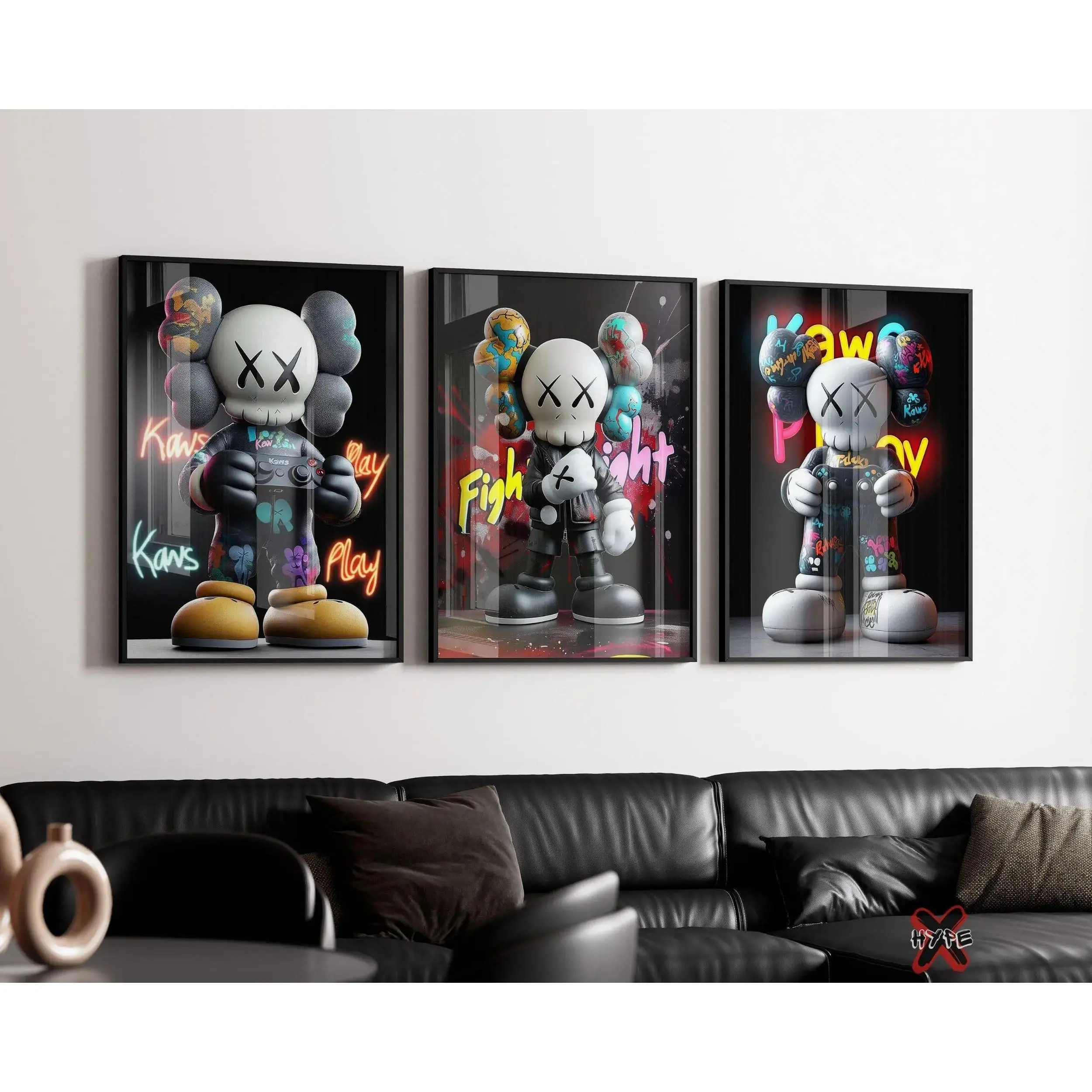 Hypebeast Graffiti Poster, Set of 3, Neon Kaws Unframed Wall Art for Gaming Room, Printable Kaws Playing Video Game, Hypebeast Decor Unframed Wall Poster Decor
