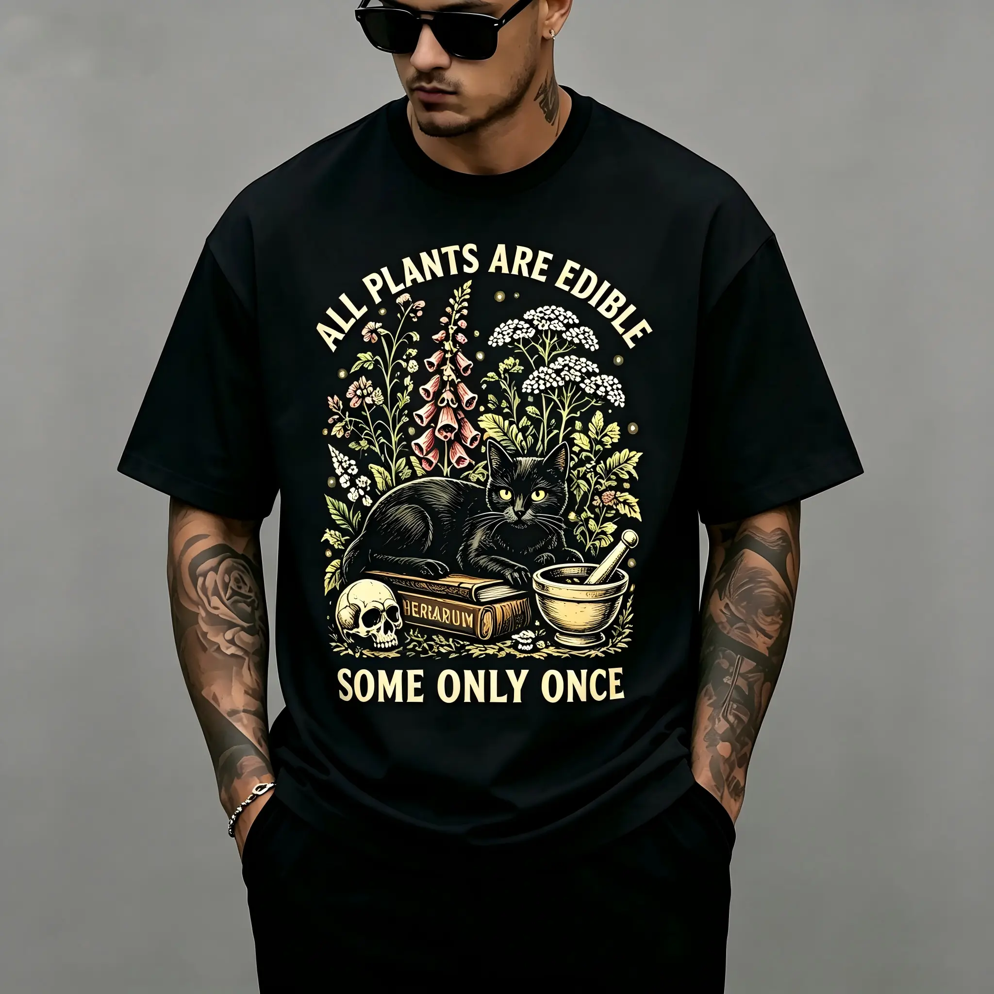 "All Plants Are Edible Some Only Once" Unisex T-Shirt for Men & Women - Witchy Foraging Plant Lover Design, Soft Cotton Crew Neck Short Sleeve, Comfortable All-Season Tee, Perfect for Everyday Casual & Gothic Botanical Style, Machine Washable