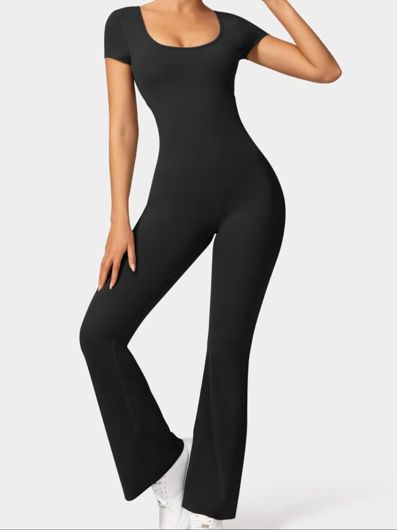 Women's Solid Cut Out Backless Flare Leg Sports Jumpsuit, Sporty Square Neck Ruched Bell Bottom Tummy Control Jumpsuit for Yoga Gym Workout, Ladies Sportswear for All Seasons