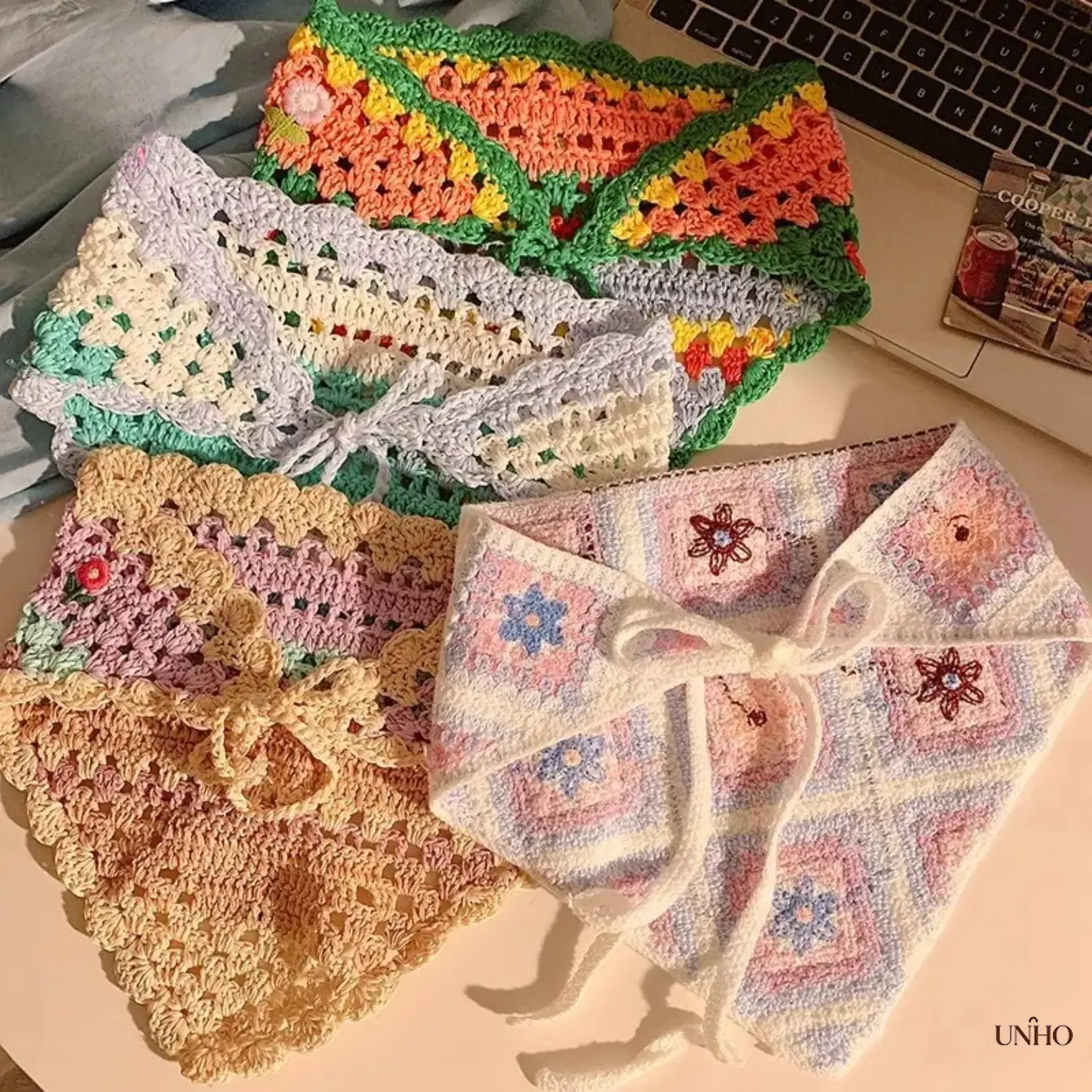 Women's Vintage Crochet Triangle Headscarf - Hand-Knitted Yarn, Hollow-Out Floral Motifs, Breathable Lightweight Summer Bag Accessory (DIY Luggage & Bag Accessory), Female Wear