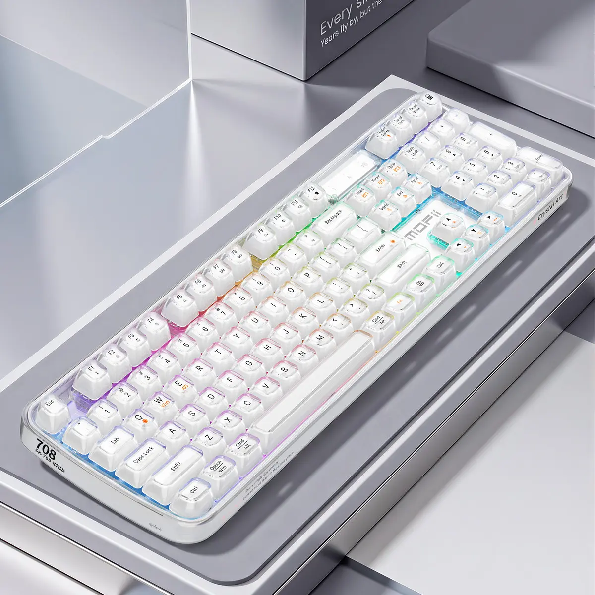 MOFii 708 Ice-Clear Transparent Tri-Mode Wireless Keyboard, Two-Color Injection-Molded Keycaps, RGB Backlit Bluetooth & Wired Office Keyboard, PC Gaming Keyboard, RGB Light Keyboard, RGB Lighting Keyboard