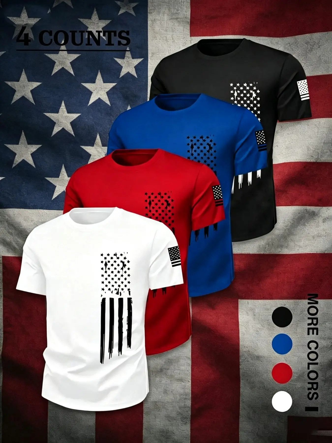4-Pack Summer Casual Short Sleeve T-Shirts, Comfortable Breathable Flag Print, Ultra-Thin Quick-Dry, Lightweight Moisture-Wicking Workout Tops for Fitness and Daily Athletic Wear