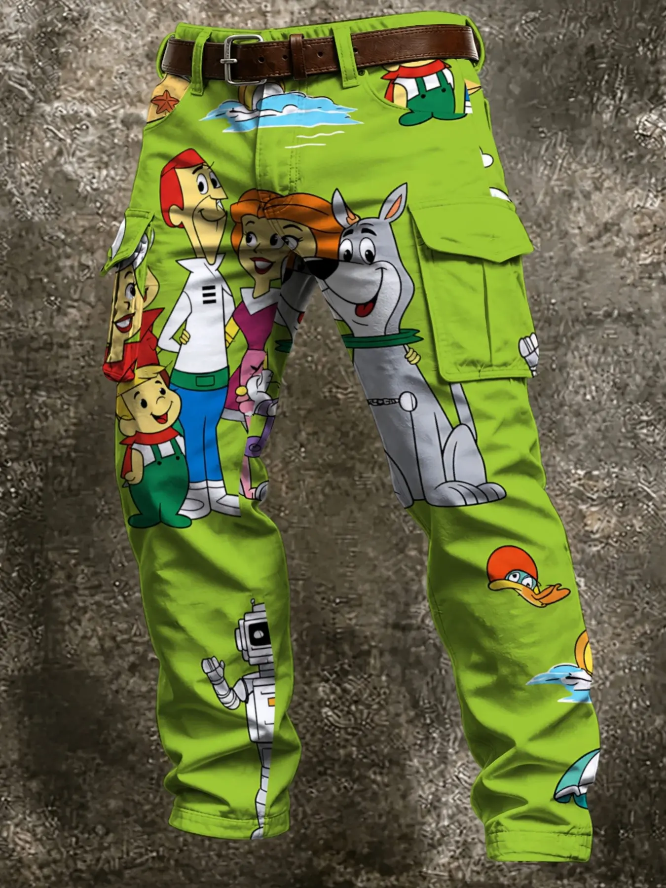 Classic Retro Modern Family Cartoon Print Cargo Pants, Vintage Anime Loose Fit Casual Long Pants, Trendy Ankle-Length Fashion
