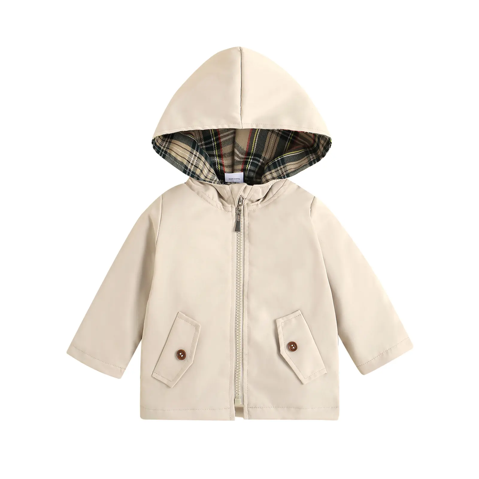 Infant Plaid Hooded Cardigan Long Sleeve Zipper Outerwear Fake Pockets Cute Baby Jacket