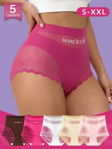 [5-Pack] Mesh Patchwork Mid-Waist Women's Underwear, S-XXL,Soft Breathable No Sweat, Comfortable Butt-Lifting Triangle Panties, Multiple Colors Available, Intimates Panties