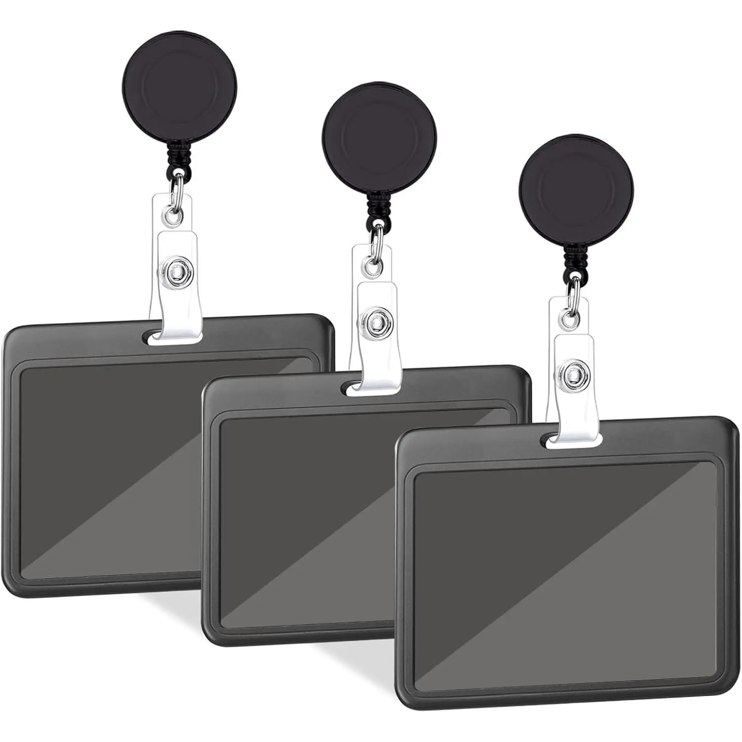3 Set Badge Holder with Retractable Reel | ID Badge Holders with Retractable Clip for Office Family Nurse Teacher Student (Black Hard Horizontal)