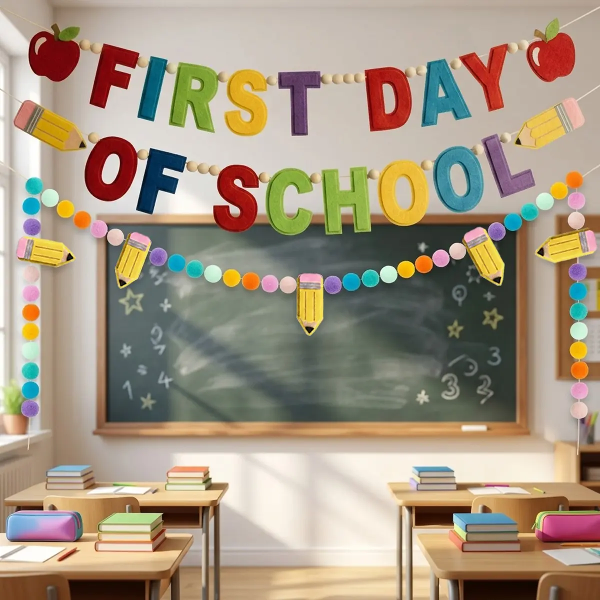 1Set, First Day Of School Felt Banner, Cute Apples Pencil Garland Colorful Pompom Hanging Banner for Back to School Classroom Home Wall Decorations Decorative Banner