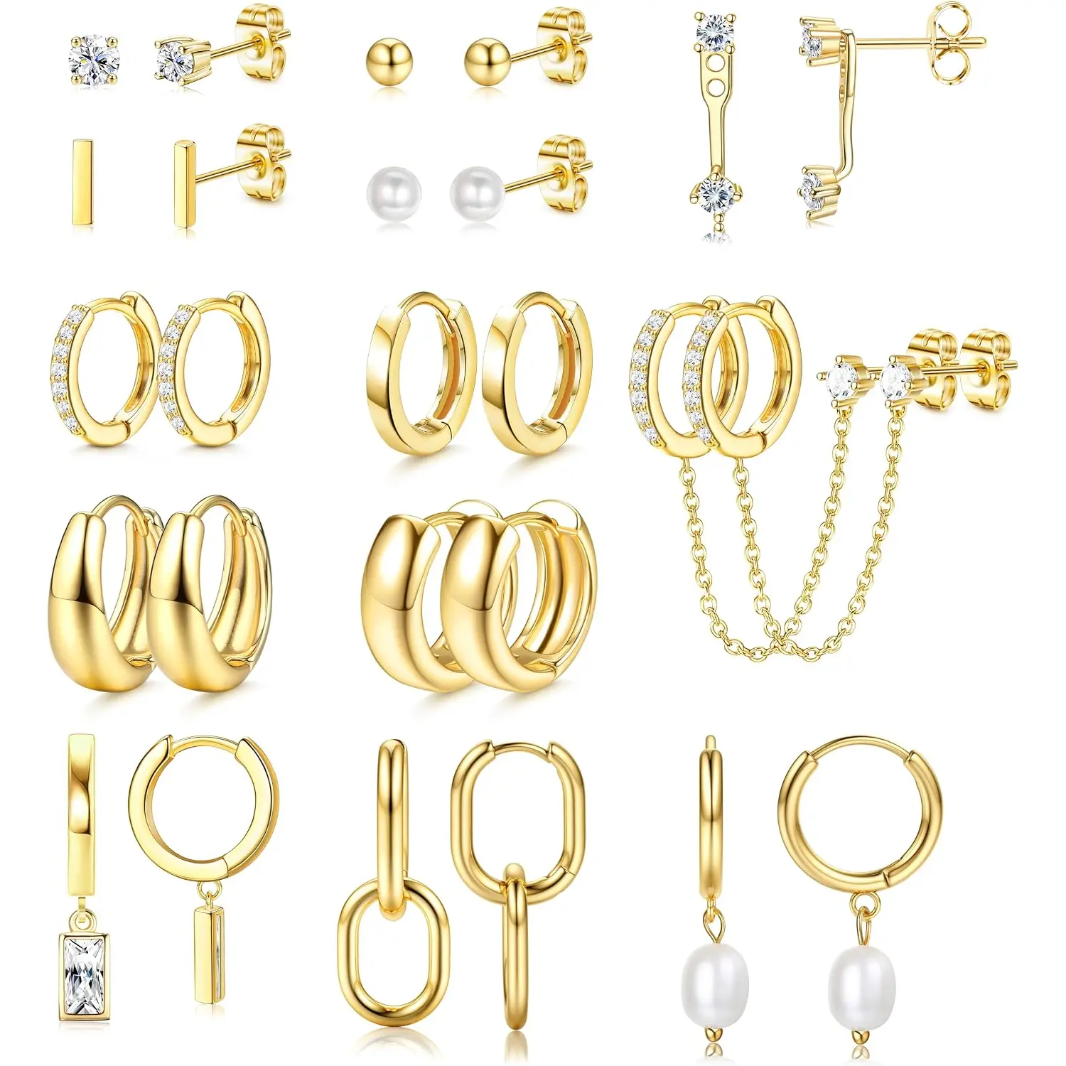 ORAZIO 13 Pairs Small Stud Hoop Earrings Set for Women, Plated Gold Earrings Pack| Hypoallergenic Surgical Steel, 14K Plated Gold, Dainty Huggie Hoops Pearl Dangle Earrings, Lightweight Non Tarnish Jewelry