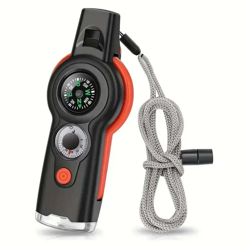 Outdoor 7-In-1 Multi-Function Emergency Whistle Survival Gear with LED Light, Thermometer, Compass for Kayaking, Boating, Hiking, Camping, Fishing