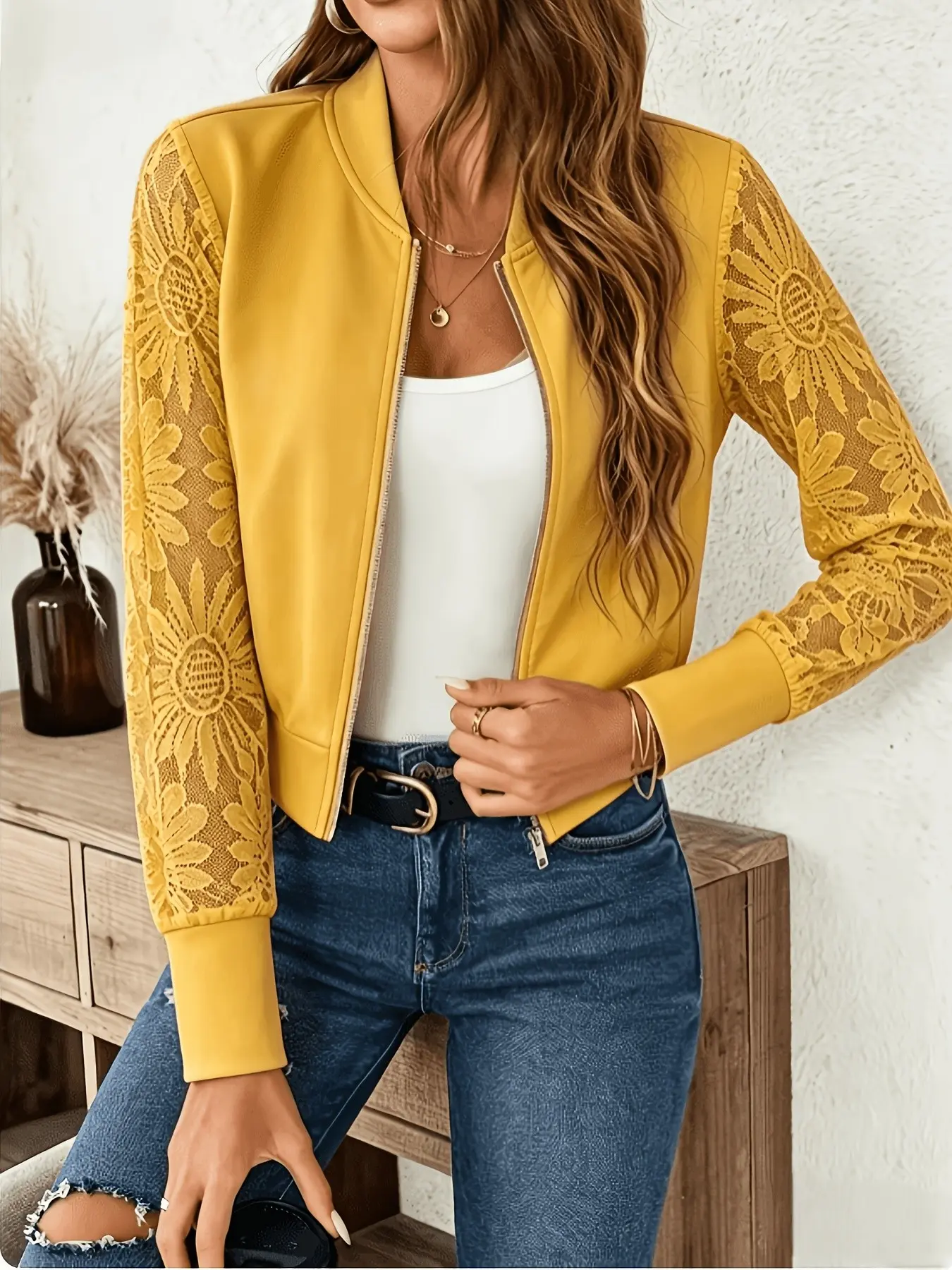 Women's Lace Sleeve Pilot Jacket, Zipper Lightweight Casual Outerwear, Fall & Winter Fashion, Multiple Colors Available