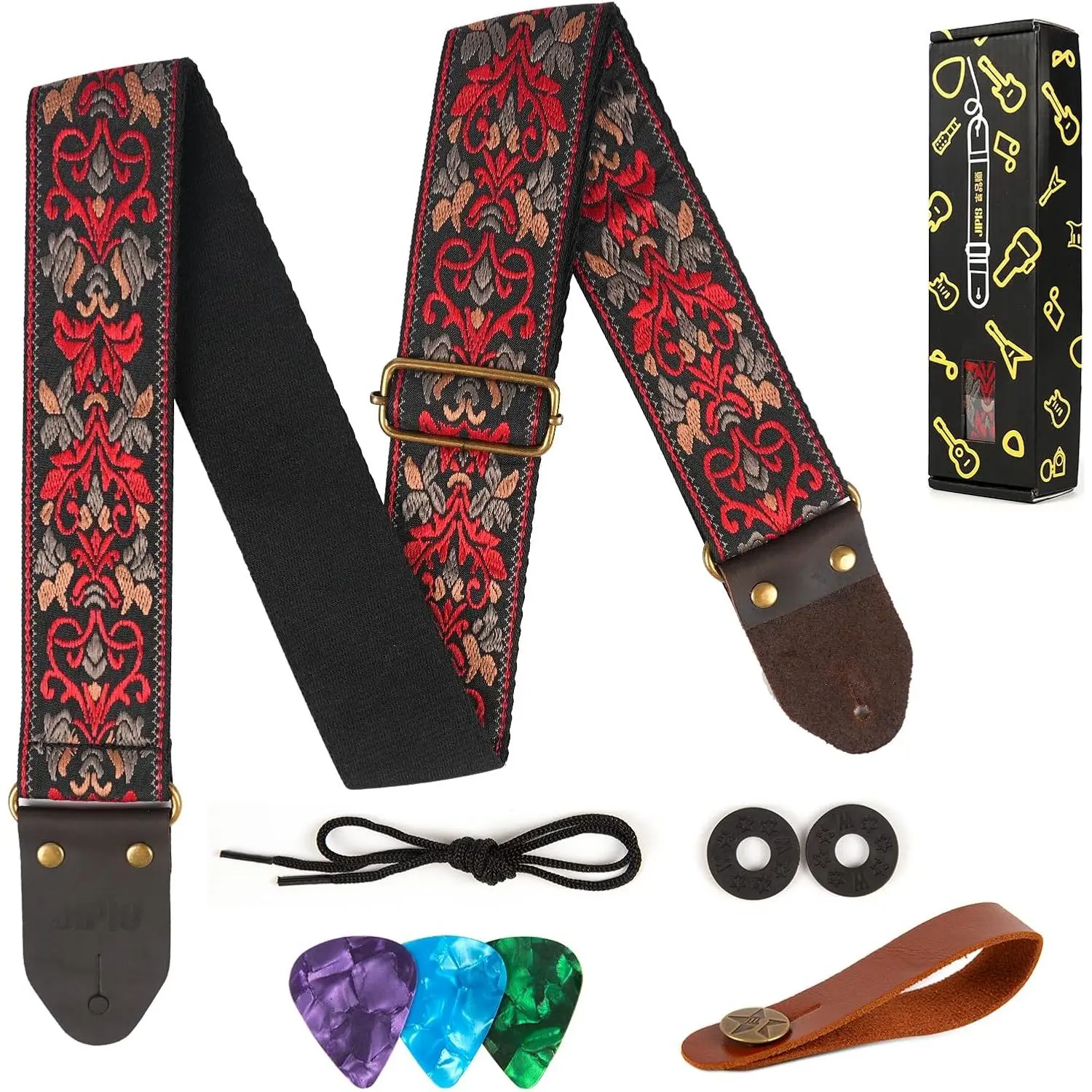 Guitar Strap,Jacquard Embroidered  Guitar Straps with Real Leather Ends for Acoustic Guitars