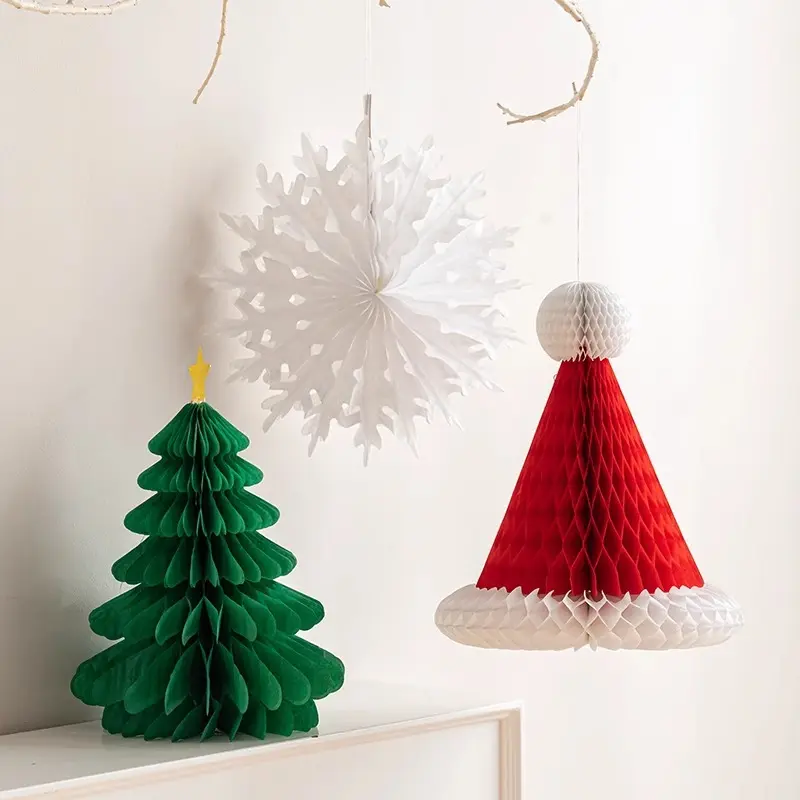 3-Pack Minimalist Lightweight Foldable Paper Christmas Tabletop Ornaments - Honeycomb Mini Tree, Santa Hat, Snowflake Hanging Decor, Indoor Xmas Desktop/Window Photo Props, Holiday Gift (Collectibles Figurines)