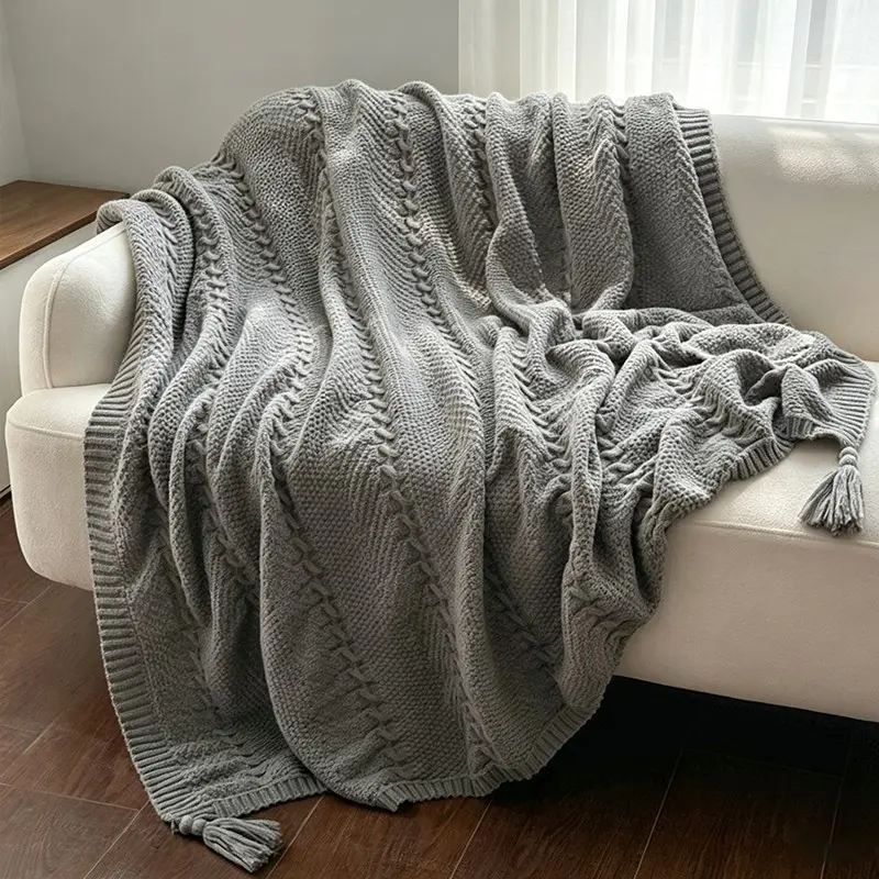 Neutral Tone Braided Knit Blanket with Corner Tassels, Soft Woven Fabric, Ideal for Couch Lounging, Balcony Relaxation, Perfect Housewarming Gift