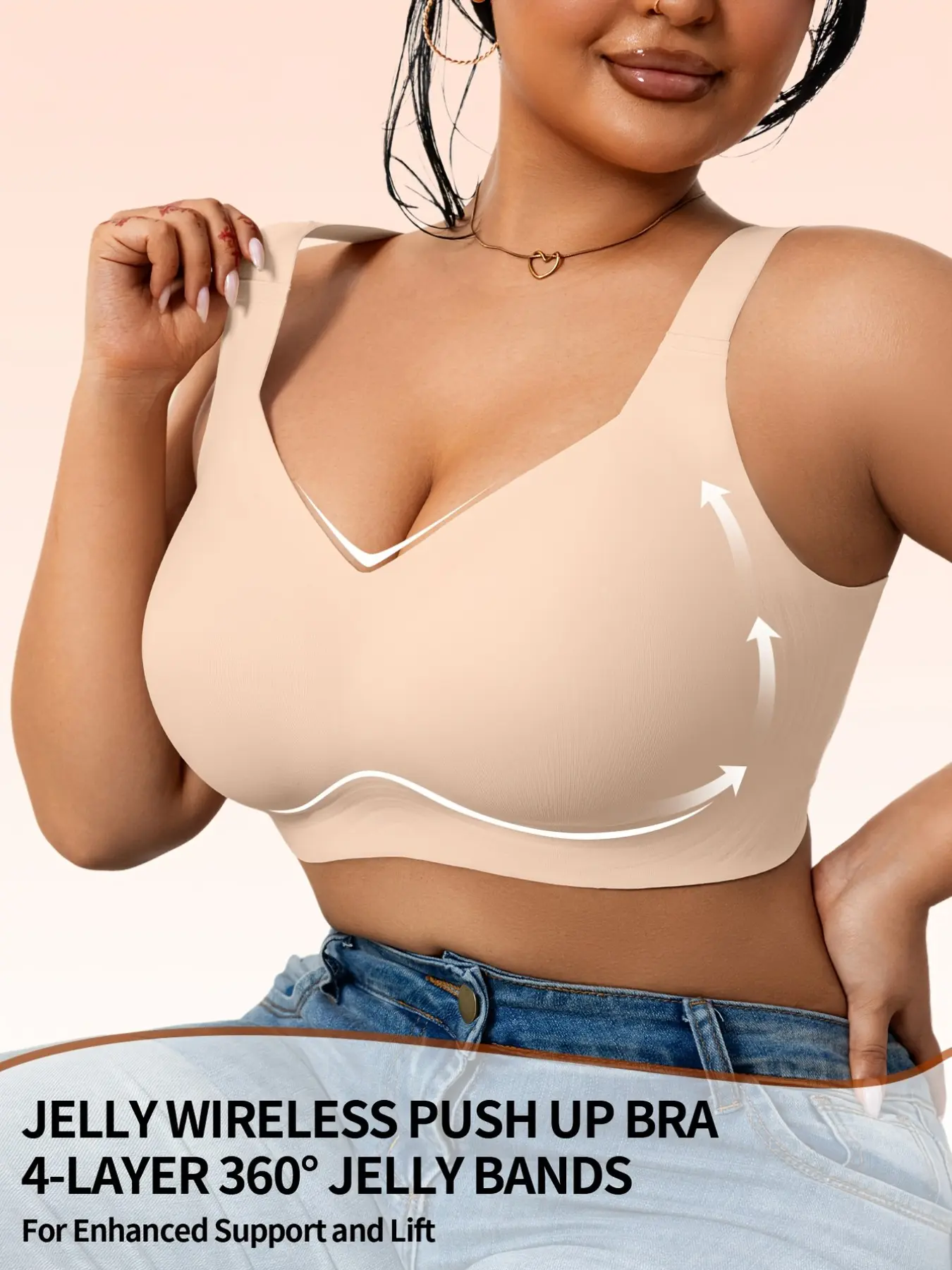 Women's Plus Size No-Wire Push-Up Bra, Large Cup Support, Seamless Design, Deep V Neck, Soft Fabric, T-Shirt Style, Jelly Bra