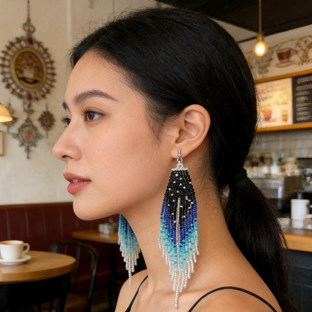 Women's Long Dangle Earrings: Handcrafted, Beaded, and Woven—Featuring a Gradient Blue-to-Black Seed Bead Tassel Design—Perfect for Street Style and Creating a Captivating "Vibe" for Photos