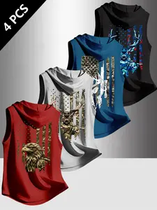 4-Pack Men's Hooded Sleeveless Vest, Vintage Camo Eagle Moose Print, Outdoor Hunting Patriotic Style, Casual Streetwear for Training Camping