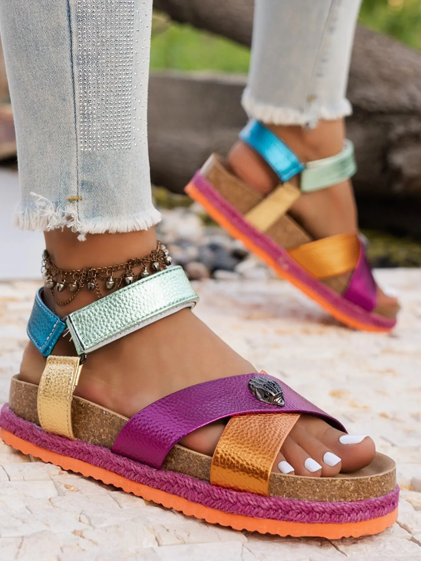 Women's Summer Rainbow Style Fashionable Heeled Sandals, Cross Strap Soft Sole, Comfortable High Heel, Fashionable Large Size, Casual Beach Shoes