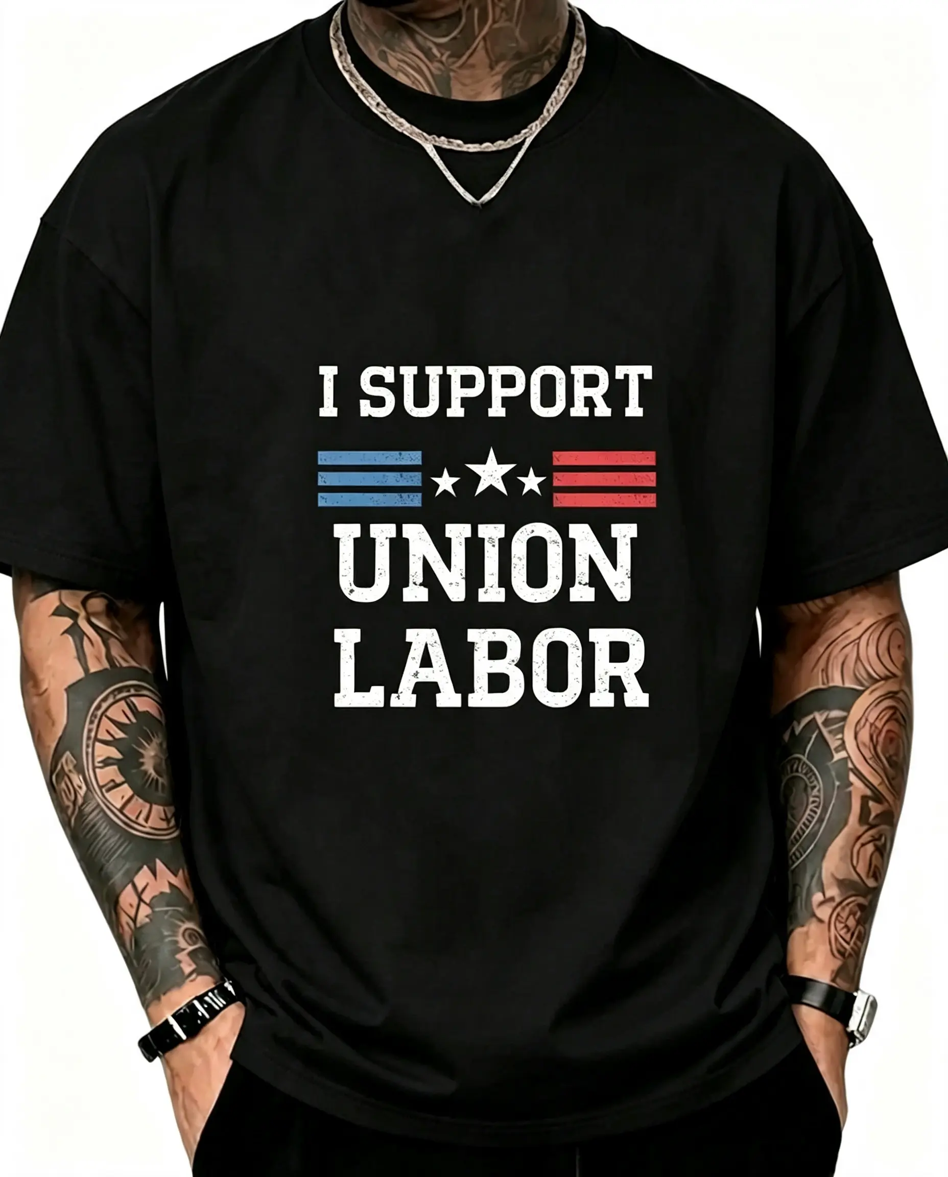 I Support Union Labor T-Shirt, Labor Day Gift Menswear Tops Street T-shirt Crewneck Casual Gift Shirt Tee