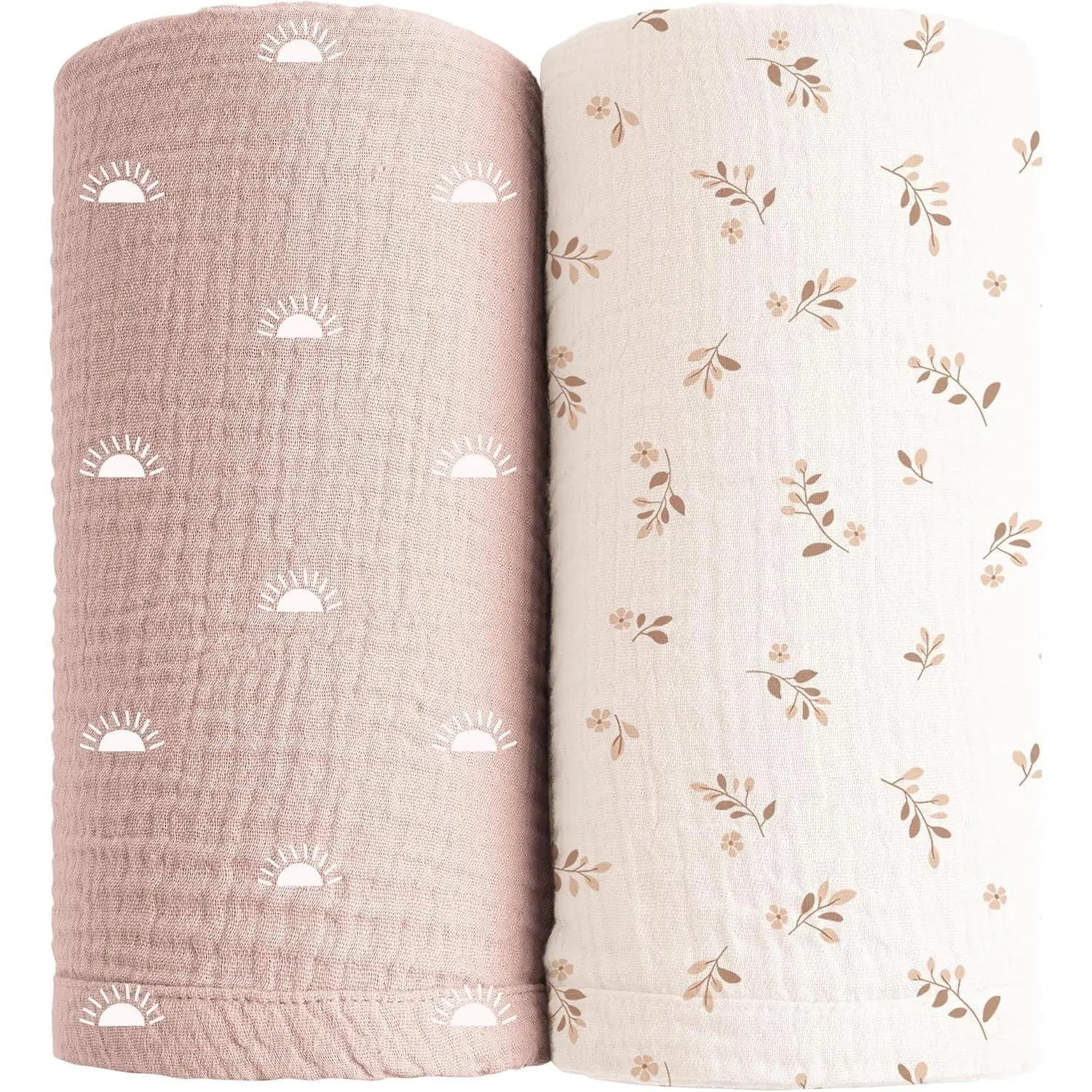 Soft Muslin Unisex Wrap Baby Swaddle Blankets, 2-Pack Large Size 47x47in Breathable Receiving Blankets (Pink Sun, Khaki Leaf)