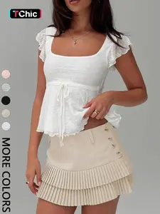 1 piece Women's Square Neck Knitted Top, Sweet Style Belted Waist Design, Perfect for  Valentine's Day & Daily Commute & Vacation