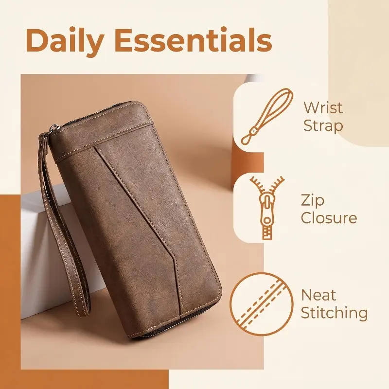 Women's Minimalist Matte Faux Leather Zipper Wristlet Wallet - 20x10cm Portable Clutch with Wrist Strap, Daily Use Bag, Fits Cards, Cash, Smartphone, Neat Stitching