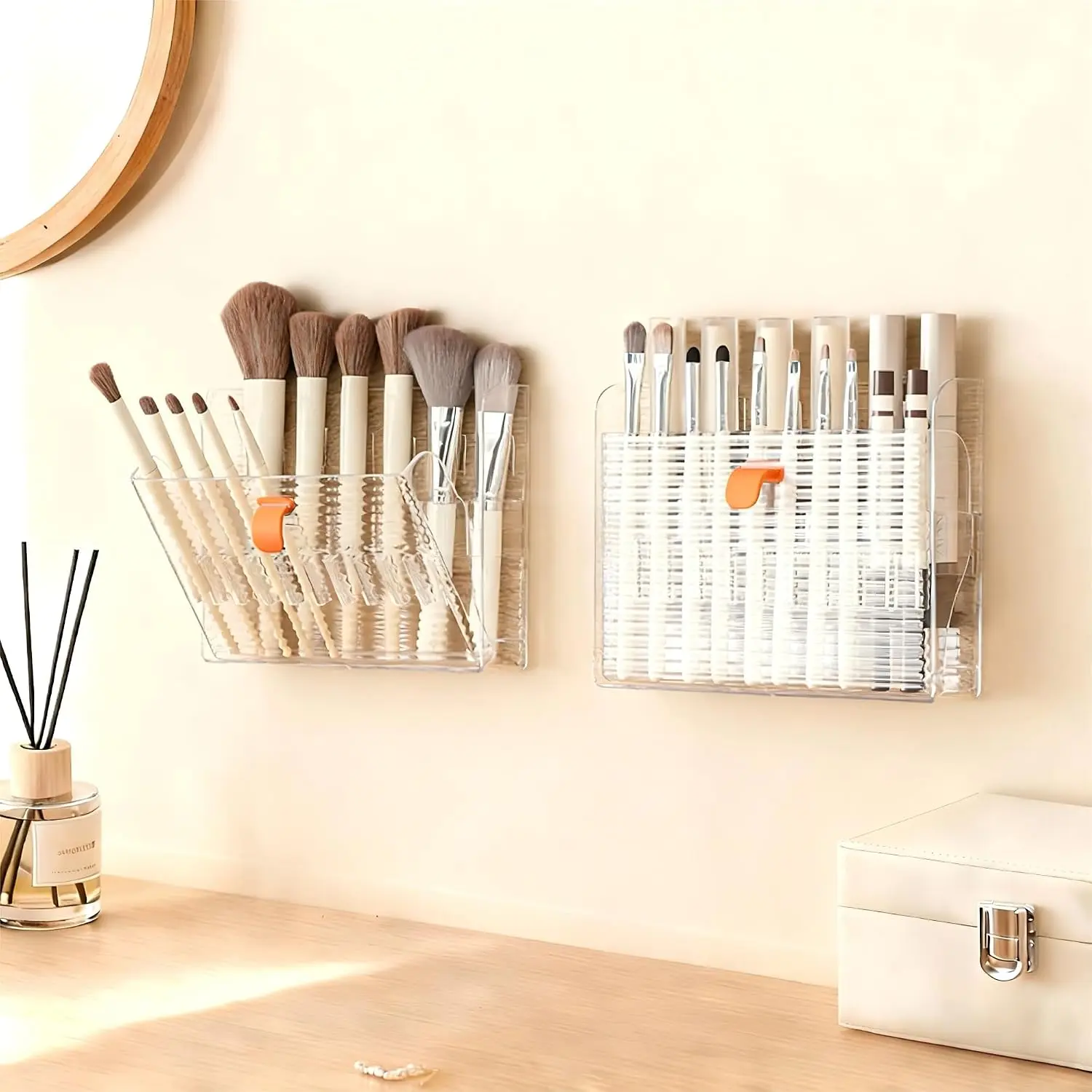 Wall-mounted Makeup Organizers, 16-Slot Eyeliner Lip Liner Organizer Holder, Makeup Organizer for Brush, Makeup Pencils, Concealer Pencil Display Case for  Bathroom (Transparent White)