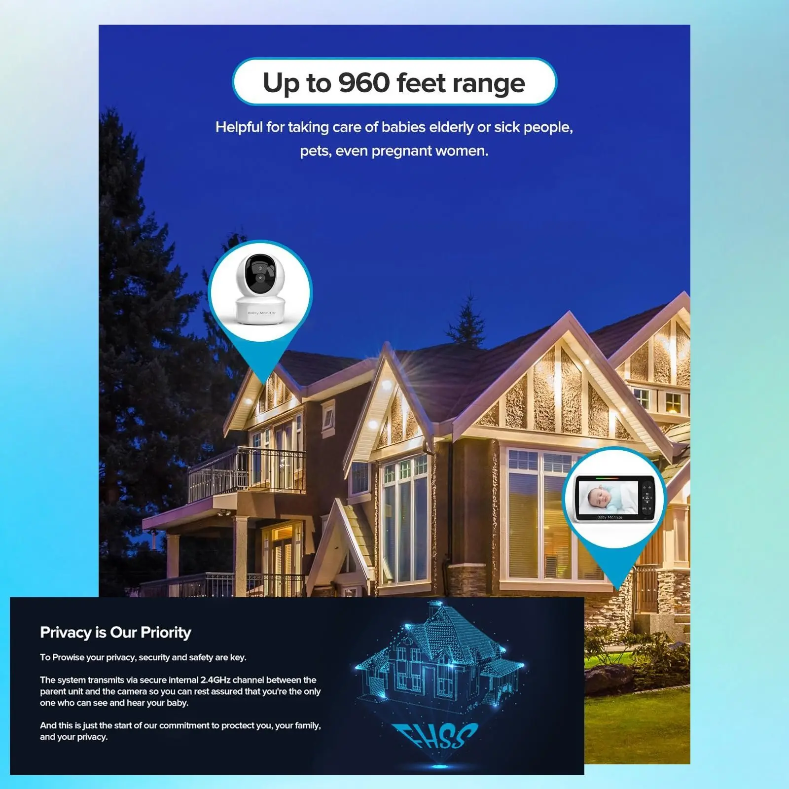 Smart Monitor 1080P HD Night Vision, Wireless Camera, Two-Way Real-Time Talk, Temperature Alert, Lullaby Music, Wall/mountable, Baby Care Device