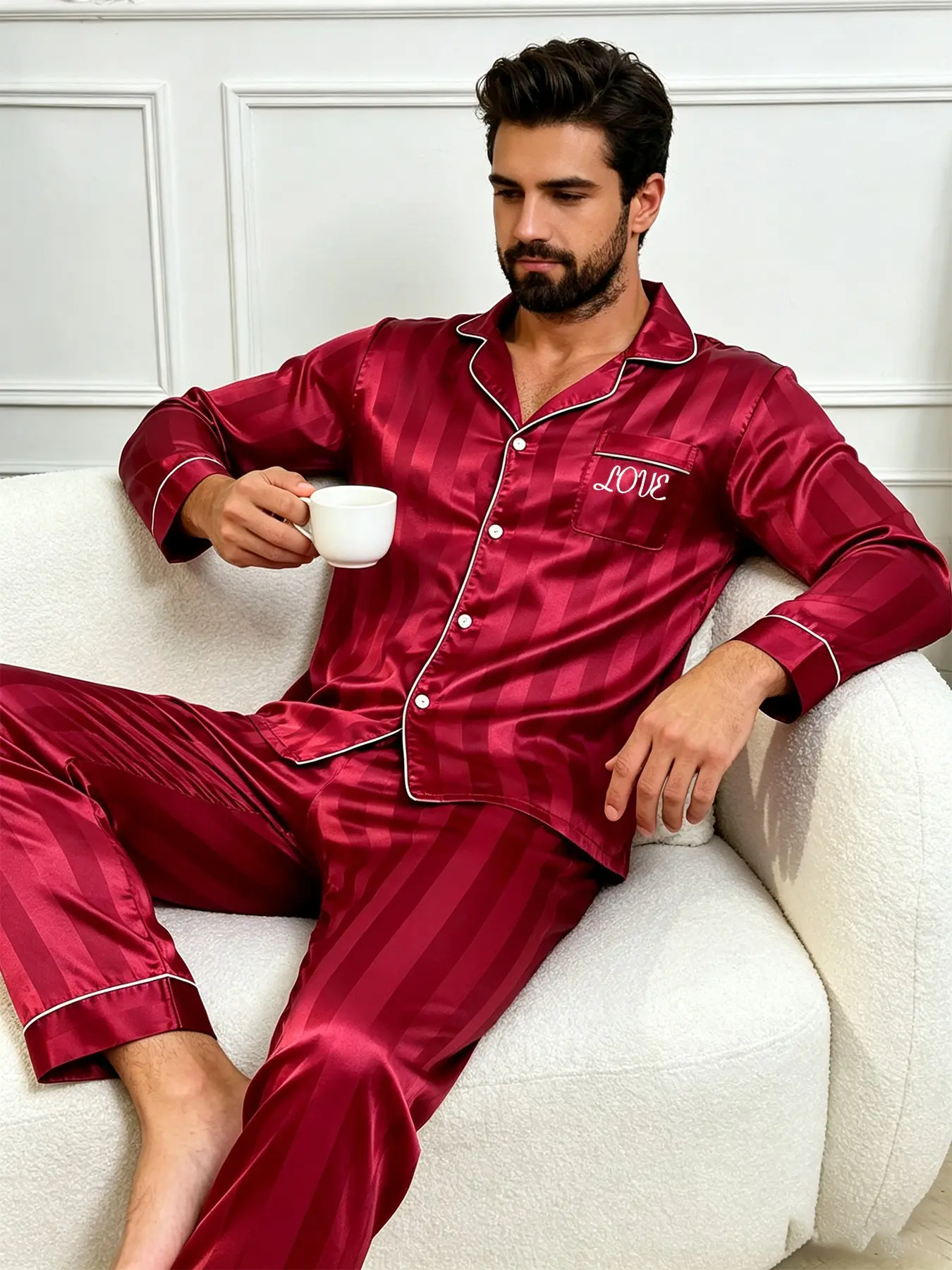 Men's Summer Ice Silk Sleepwear Set, Long Sleeve + Long Pants Two-Piece,Striped Satin Embroidered Pajama Set, Casual Youth Home Wear, Outerwear Available