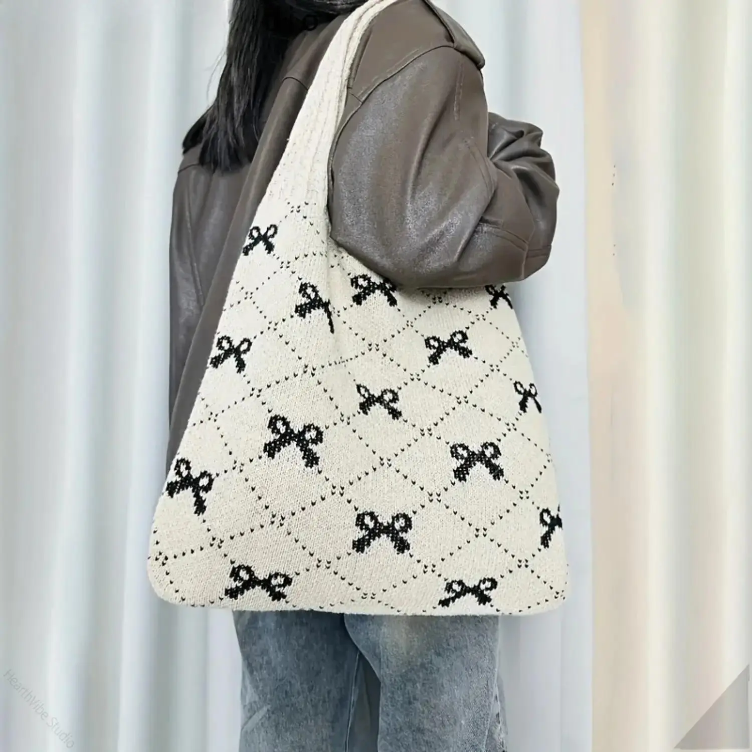Soft Knit Shoulder Tote Bag for Women, Lightweight Nylon Mix with Bow Pattern, Spacious for Daily Casual Use & Shopping, Adjustable Strap, Casual Daily, Tote Bags, Bags For Women