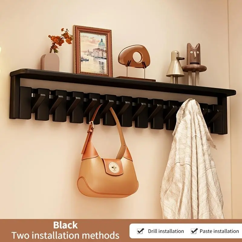No-drill adhesive and drilled dual-use solid wood wall-mounted clothes rack, creative home floor-standing hanging rack for living room, bedroom, and hallway
