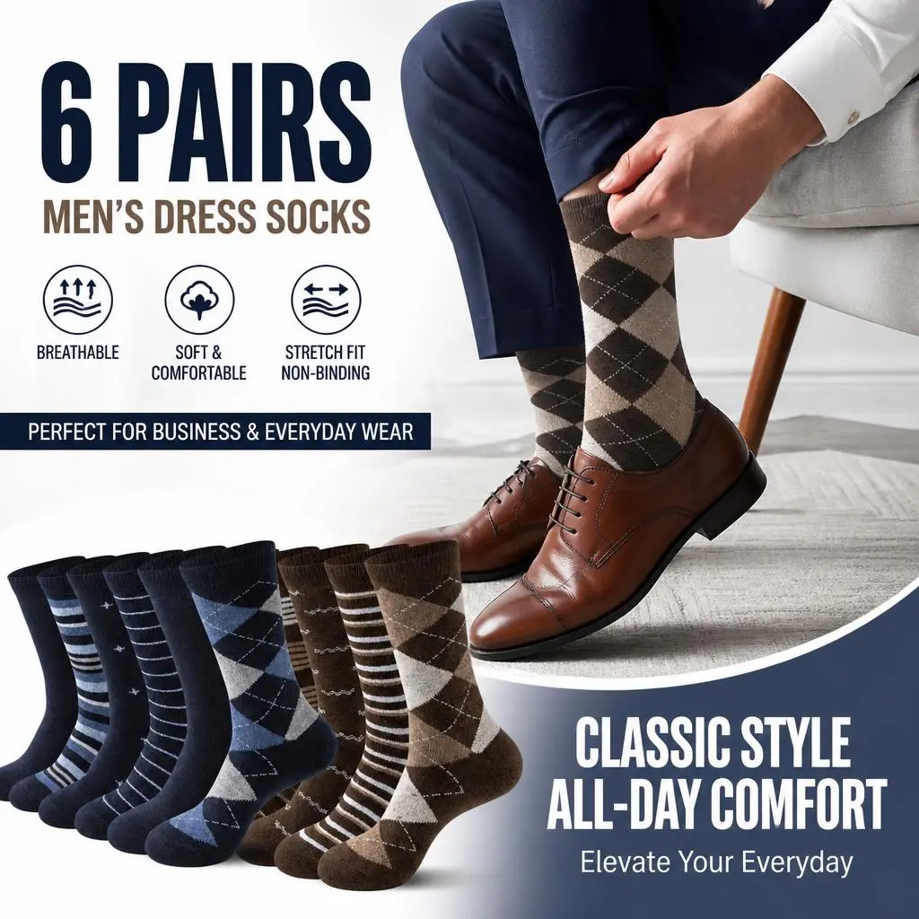 Men's Argyle & Striped Dress Socks, Calf High Nylon Blend for Business & Formal Menswear, Machine Wash, 6 & 12 Pair Pack, Knee-Length Socks, Mix1*6Pairs