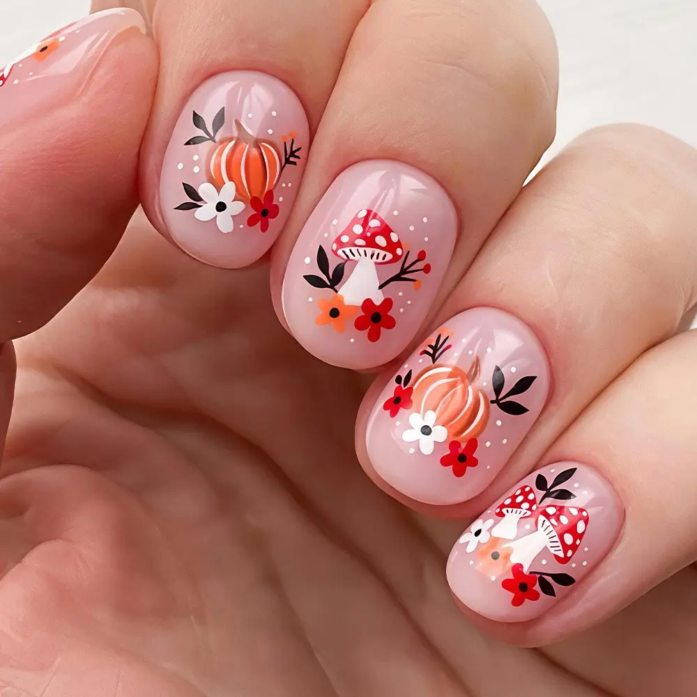 Mx-285 Mushroom Pumpkin Flower Maple Leaf Thanksgiving Short French Nail Art Press-On Nails, 24 Pieces DIY False Nails for Women and Girls