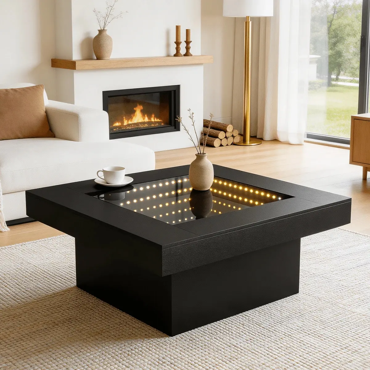 LED Infinity Mirror Coffee Table - Wooden, USB-Powered Indoor Living Room Furniture with Sturdy Frame